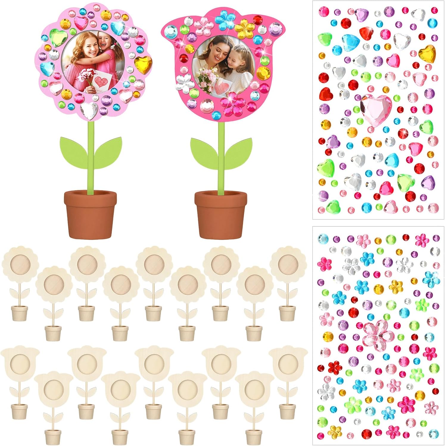 Tellingyou 18 Pcs Spring Craft Bulk Mothers Day Crafts for Kids Classroom Spring Flower Picture Frame Kit Flower Pot DIY Wood Picture Frames with 2 Gems Stickers Gift for Family Kids(Cute Shape)