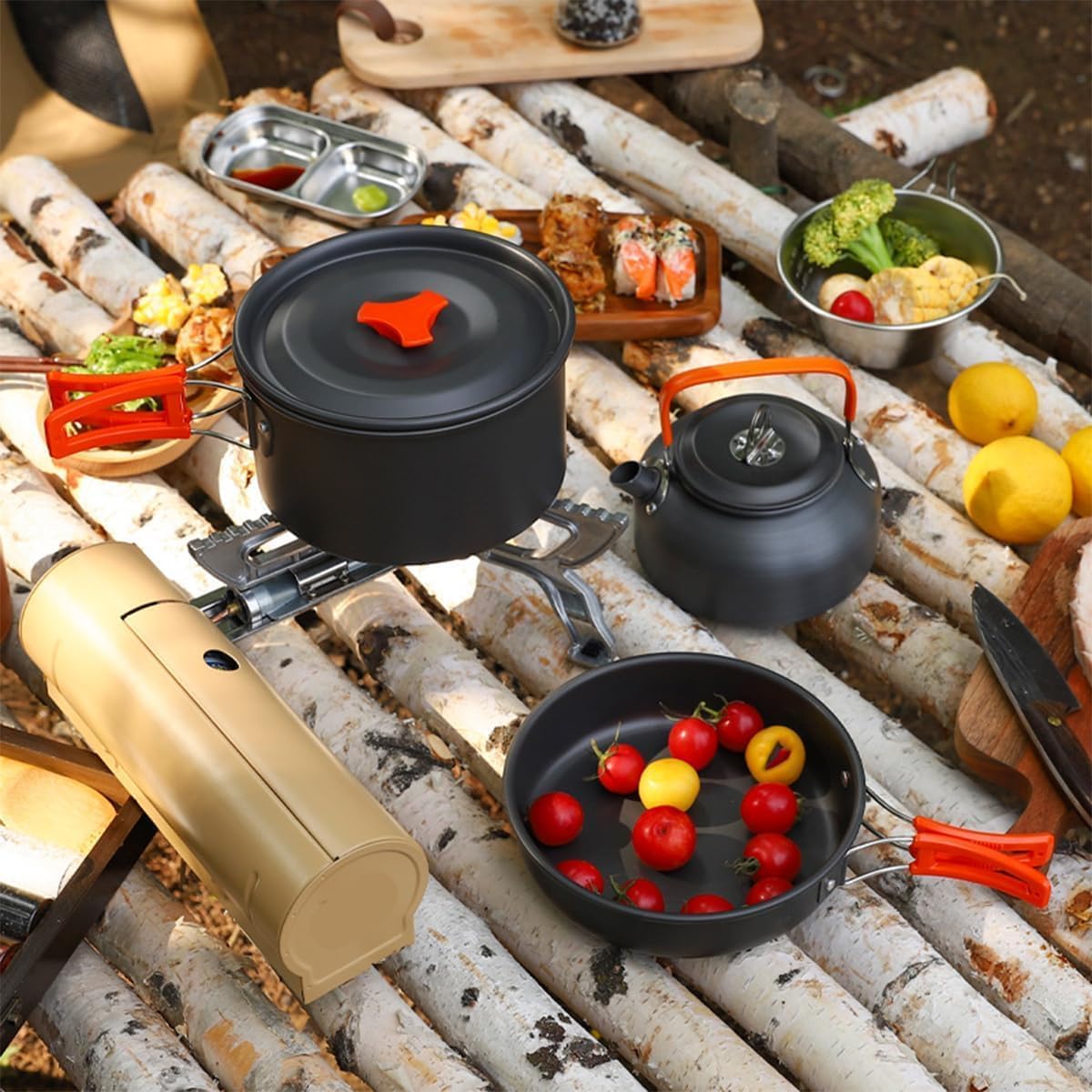 Set di pentole da campeggio, 10 pezzi, portatile, in alluminio, con custodia, set da cucina da campeggio, kit da campeggio, per 3 o 4 persone, campeggio, escursionismo, picnic