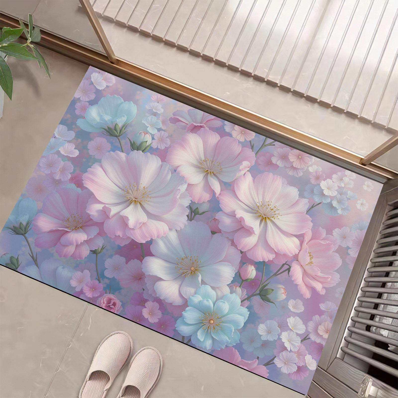 Tapis de Porte Antidérapant et Lavable - Tapis de Sol Attrape-Poussière Rose Fleurs