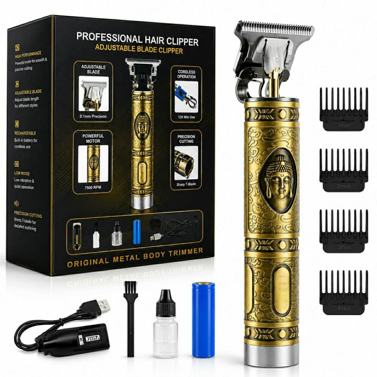 Vintage T9 Professional Hair Trimmer for Men, Rechargeable Cordless Beard & Hair Clipper with USB Charging, Zero Gap Precision Blade, Gold Metal Body Grooming Kit.-image-24