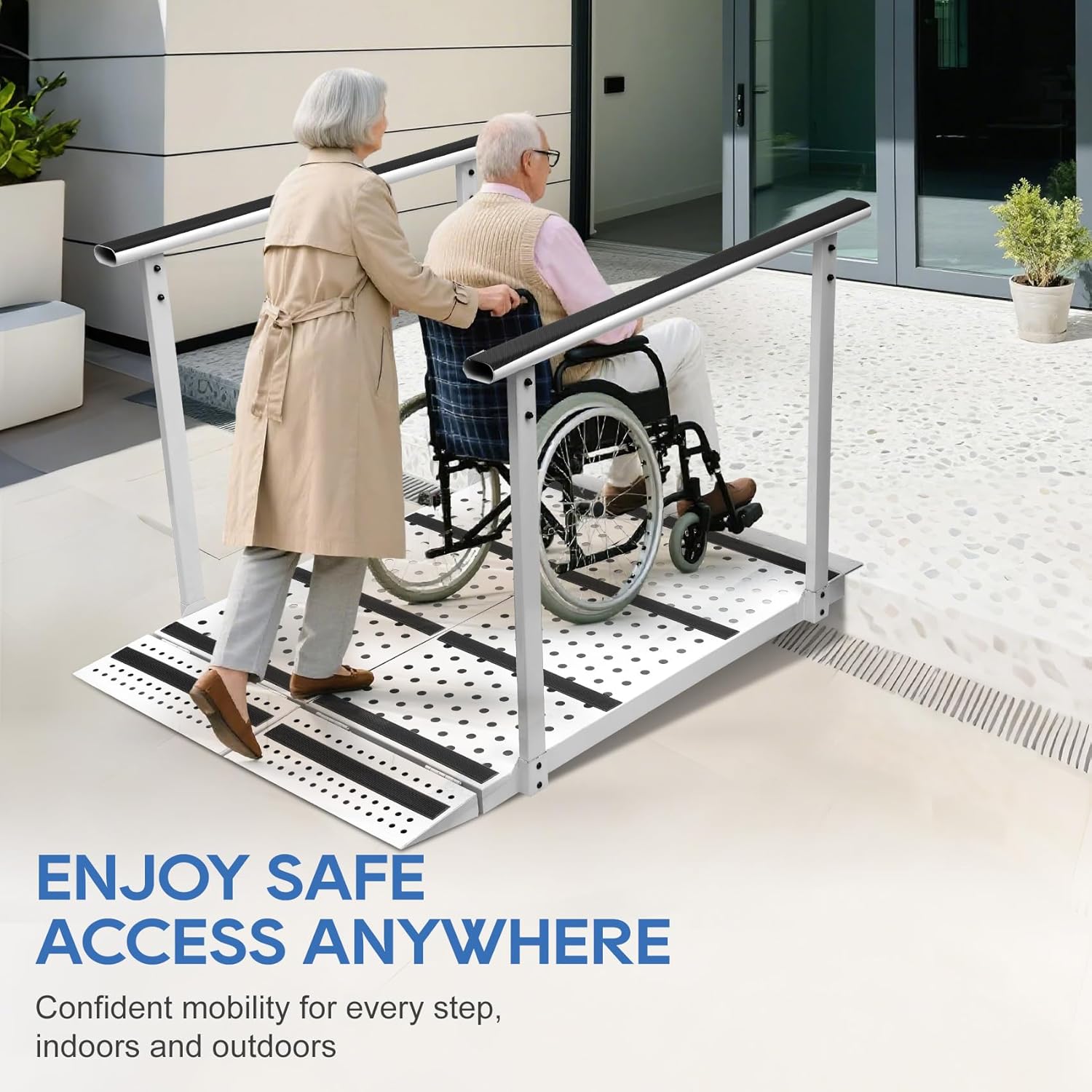 Upgraded Folding Ramp with Handrails, Portable Wheelchair Ramp with Handrail and Adjustable Flap, Heavy Duty Handicap Ramp with Handrails, 600 lbs Capacity, Carbon Steel Frame, 45.2" L x 31.5" W