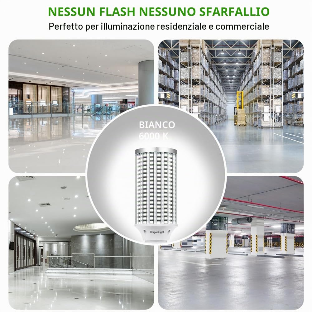 DragonLight 60W Lampadine LED a Pannocchia Super Luminose (200 Watt MH/HPS-Ricambio) - Lampada LED Edison E27/E40 - 6000K Bianco Freddo 7.200LM per Illuminazione Commerciale - Garage, Officina