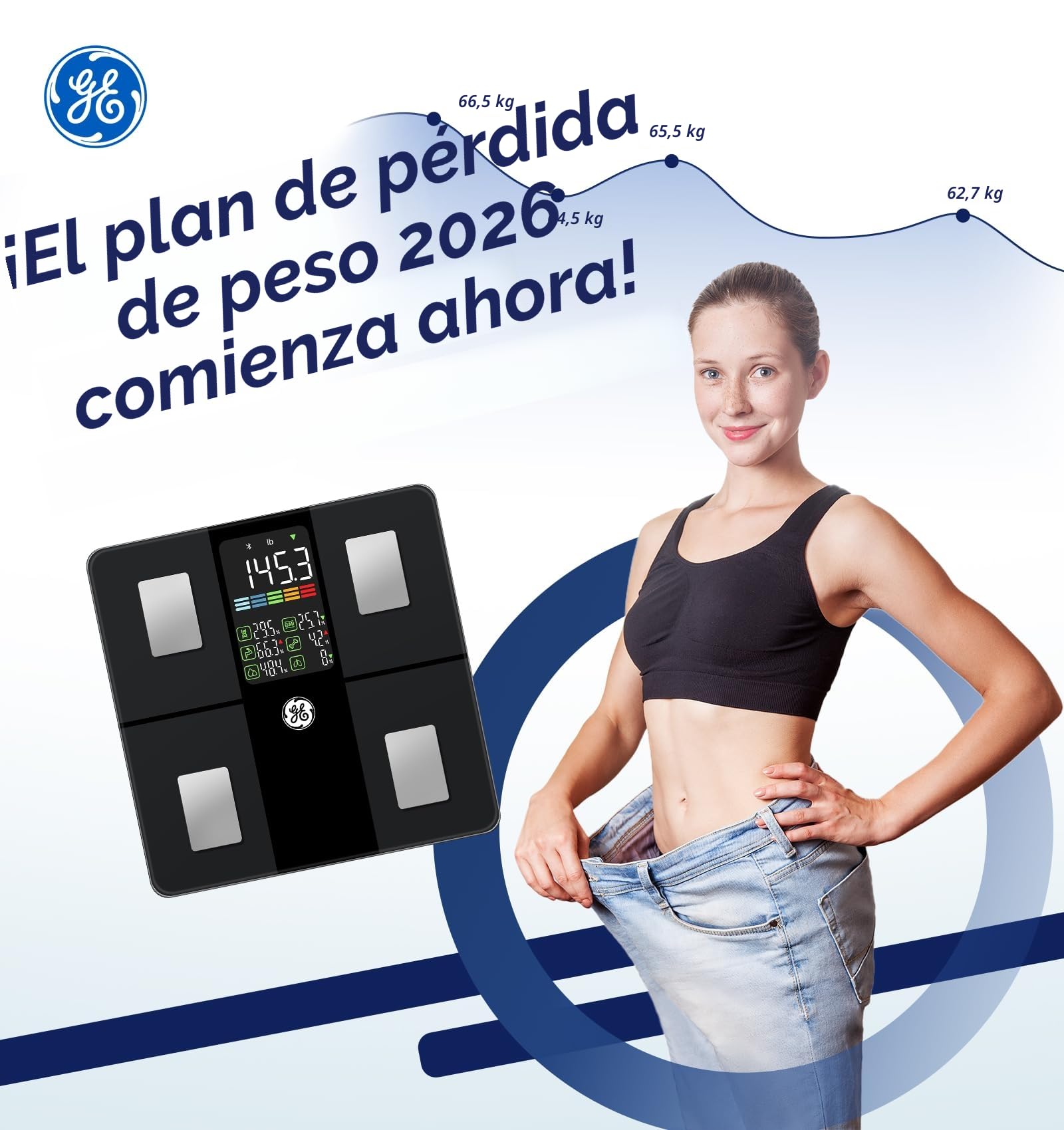 GE Bascula Grasa Corporal y Muscular, Digital Bascula Inteligente con Aplicación 14 Medidas Corporales IMC Bluetooth Báscula de Baño Precisa 180 kgs Black