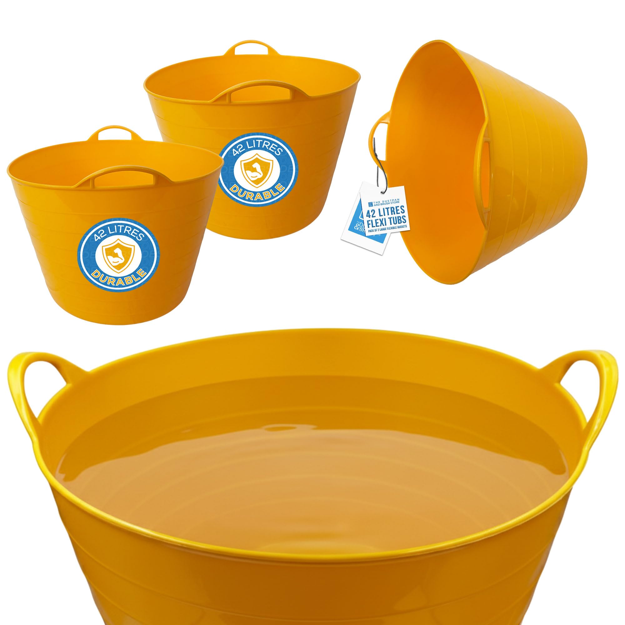 Tdbs The Dustpan And Brush Store Pack Of 2 42L Yellow Flexi Tub - Multi-Purpose Garden Tubs With Handles - Builders Buckets Heavy Duty - Ideal Plastic Bucket & Flexi Bucket - Durable Flexible Plastic Baskets (Pack Of 2)