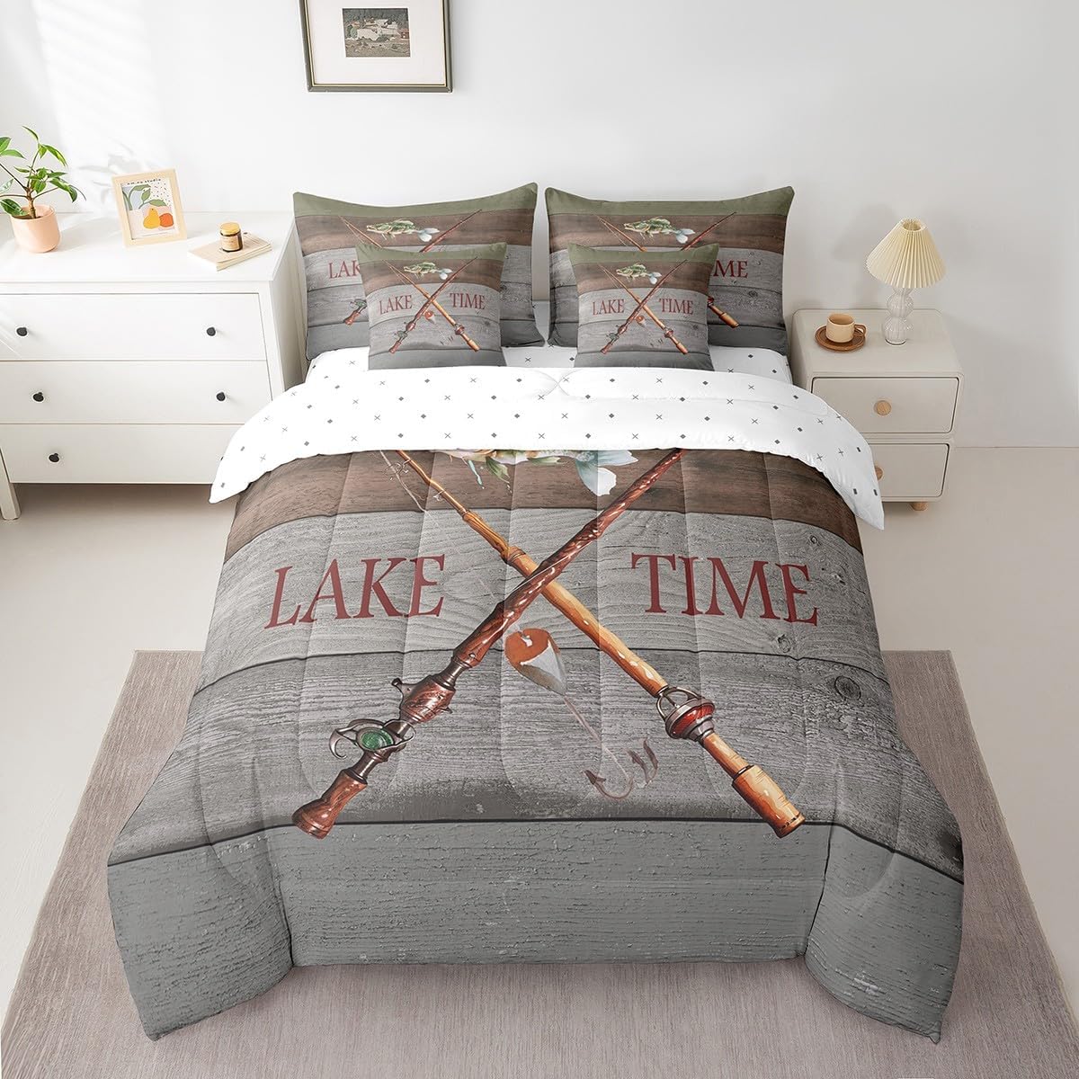 Erosebridal Fishing Rod Bed in a Bag Queen Comforter Set 7 Piece,Lodge Cabin Pike Fish Fishhook Bedding Sets Brown Green Lake House Decor Sheet Set with Comforter