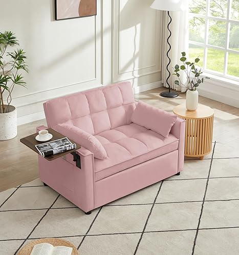 Miniatura 5 de hansones Sofá cama 3 en 1, sofá cama convertible extraíble, asiento de dos plazas con mesa auxiliar giratoria, tela de terciopelo moderna, ideal