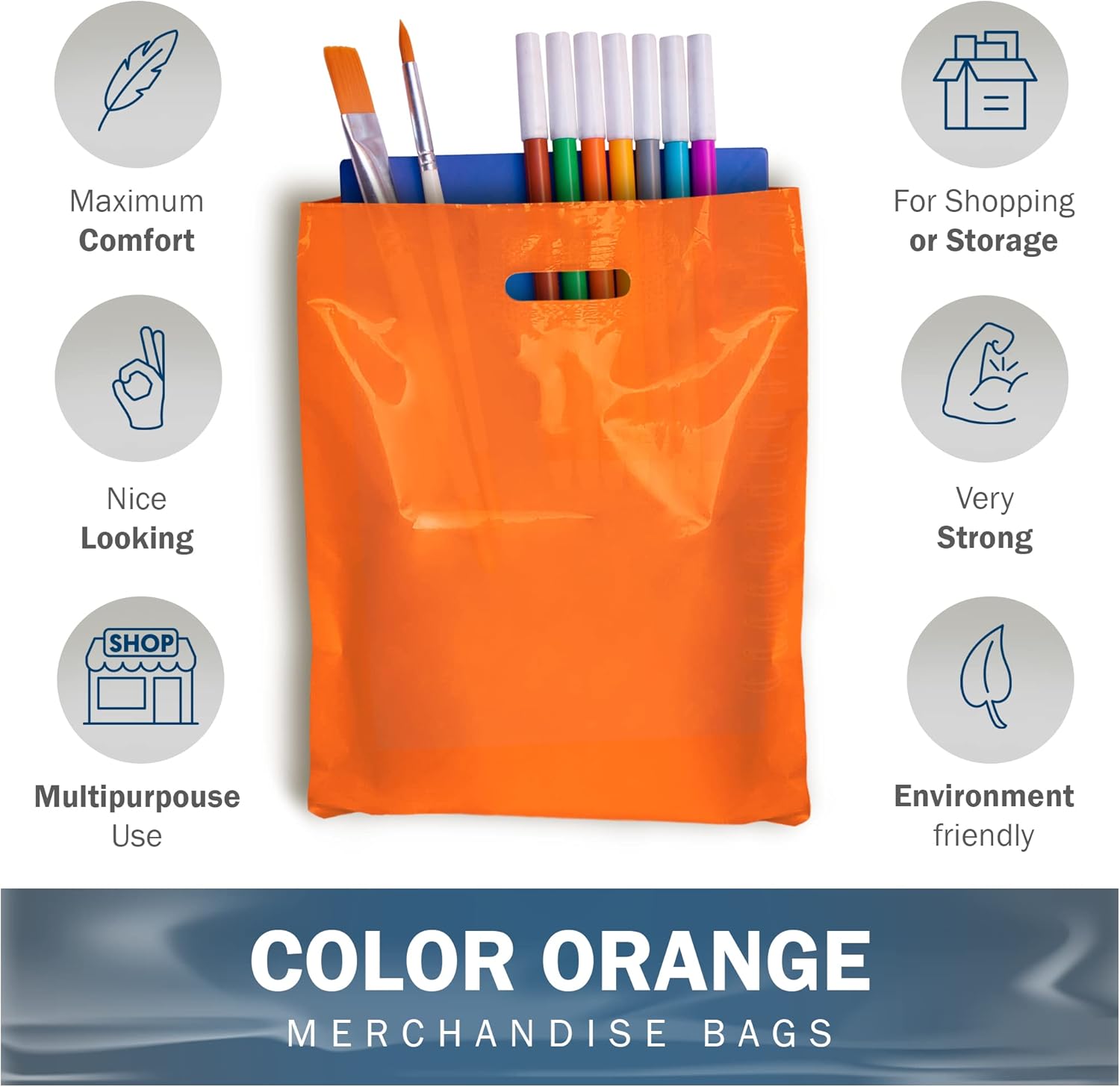 Orange Merchandise Plastic Shopping Bags - 100 Pack 9" x 12" with 1.5 mil Thick - Die Cut Handles - Perfect for Retail, Party Favors, Birthdays, Goodie Bags - Color Orange - Recyclable - Image 4