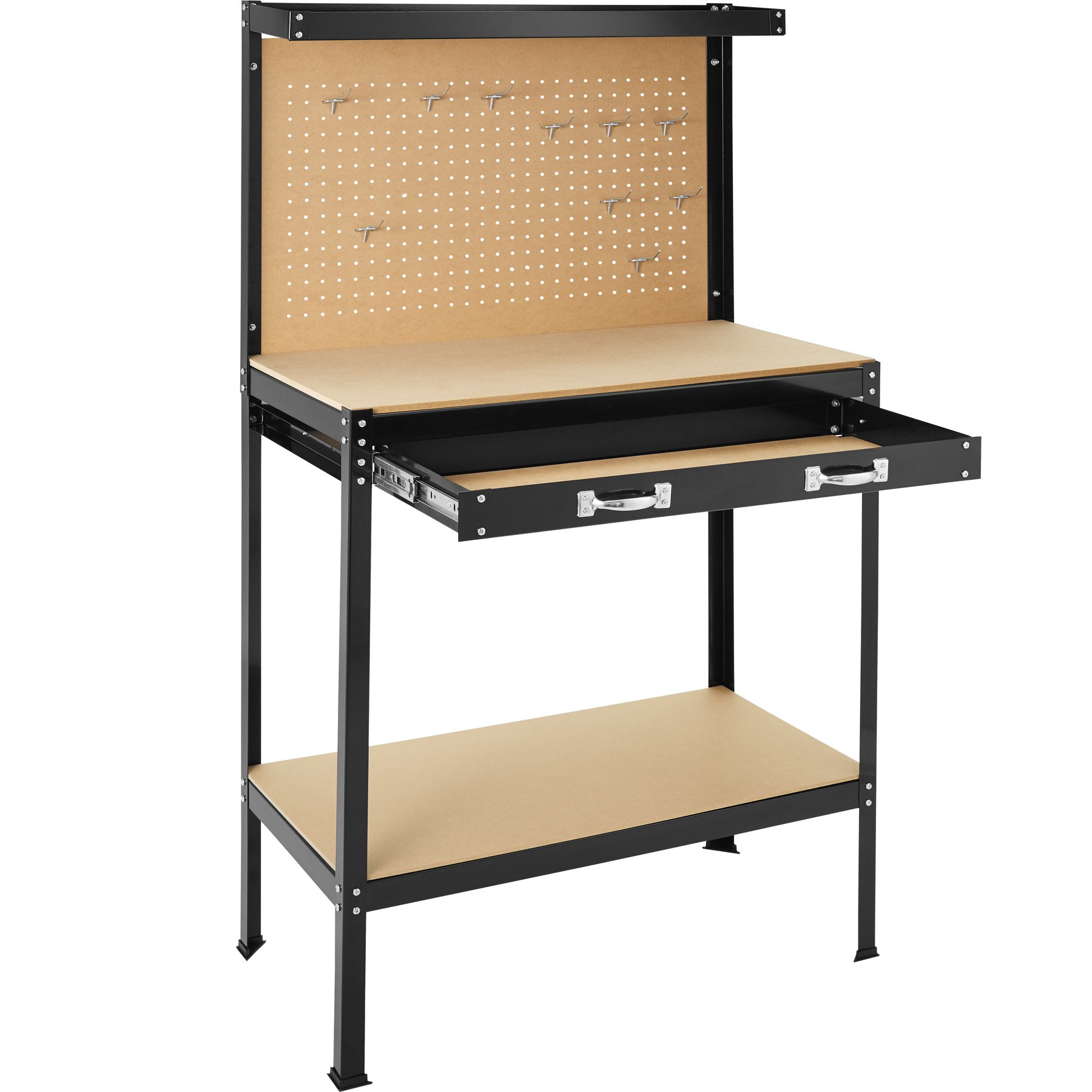 Tectake Banco de Trabajo Taller 81x41x145 cm con 12 Ganchos Panel Herramientas Cajón Grande