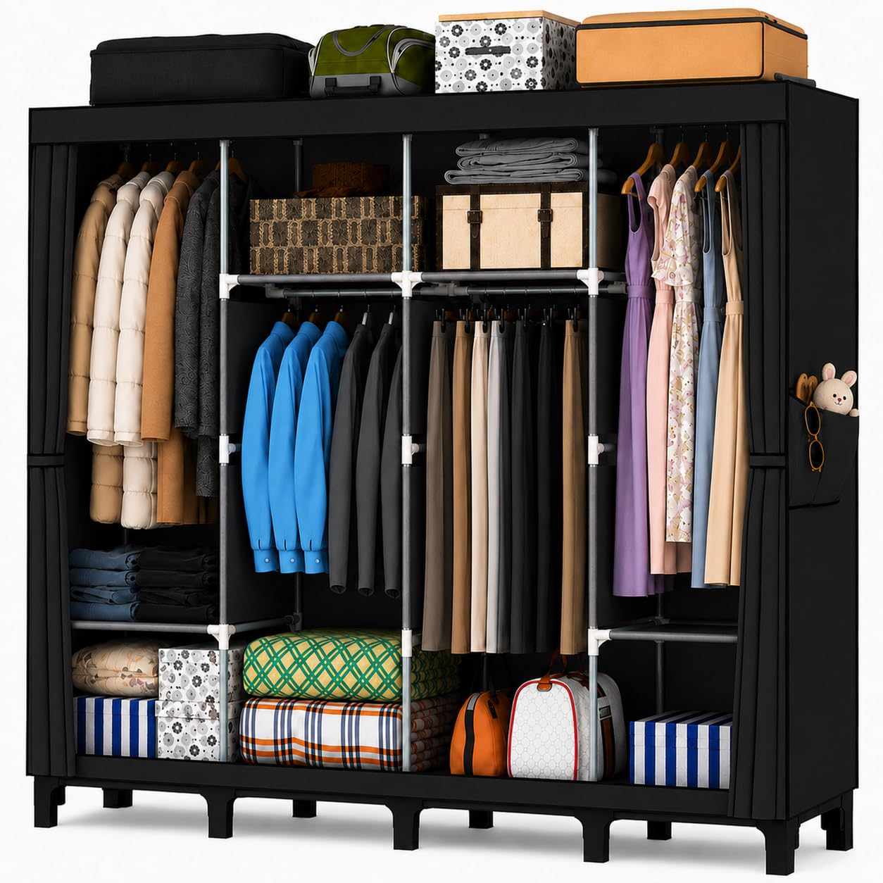 YasTant Canvas Wardrobe for Bedroom Fabric Wardrobe with 4 Hanging Rails, Portable Temporary Stable Base175 * 170 * 45cm (Black, 4 Columns(W 170cm))
