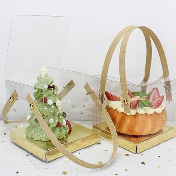 10Pcs Clear Cake Boxes, 10x10x10cm Small Transparent Cupcake Boxes Party Favour Boxes Gift Packaging Boxes with Handle and Base for Wedding Birthday Party Baby Shower