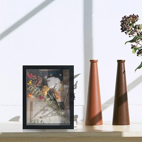 Miniatura 8 de GraduationMall Marco de caja de sombra de 11 x 14 pulgadas, vitrina de vidrio de madera maciza con parte trasera de lino y 6 alfileres, profundidad