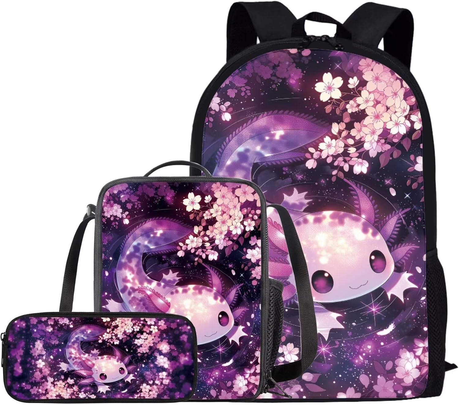GIFTPUZZ Bule Butterfly Laptop Backpack Large Capacity + Insulated Lunch Boxes Cooler + Pencil Case for Women Girls Student Schoolbags Set of 3