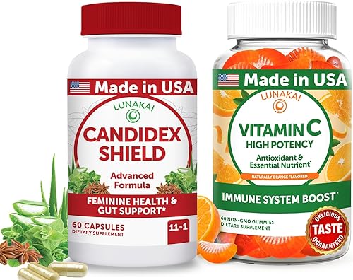 Lunakai Paquete de gomitas Candida y vitamina C fabricadas en Estados Unidos, apoyo intestinal e inmunológico con mezcla de hierbas y vitamina C de