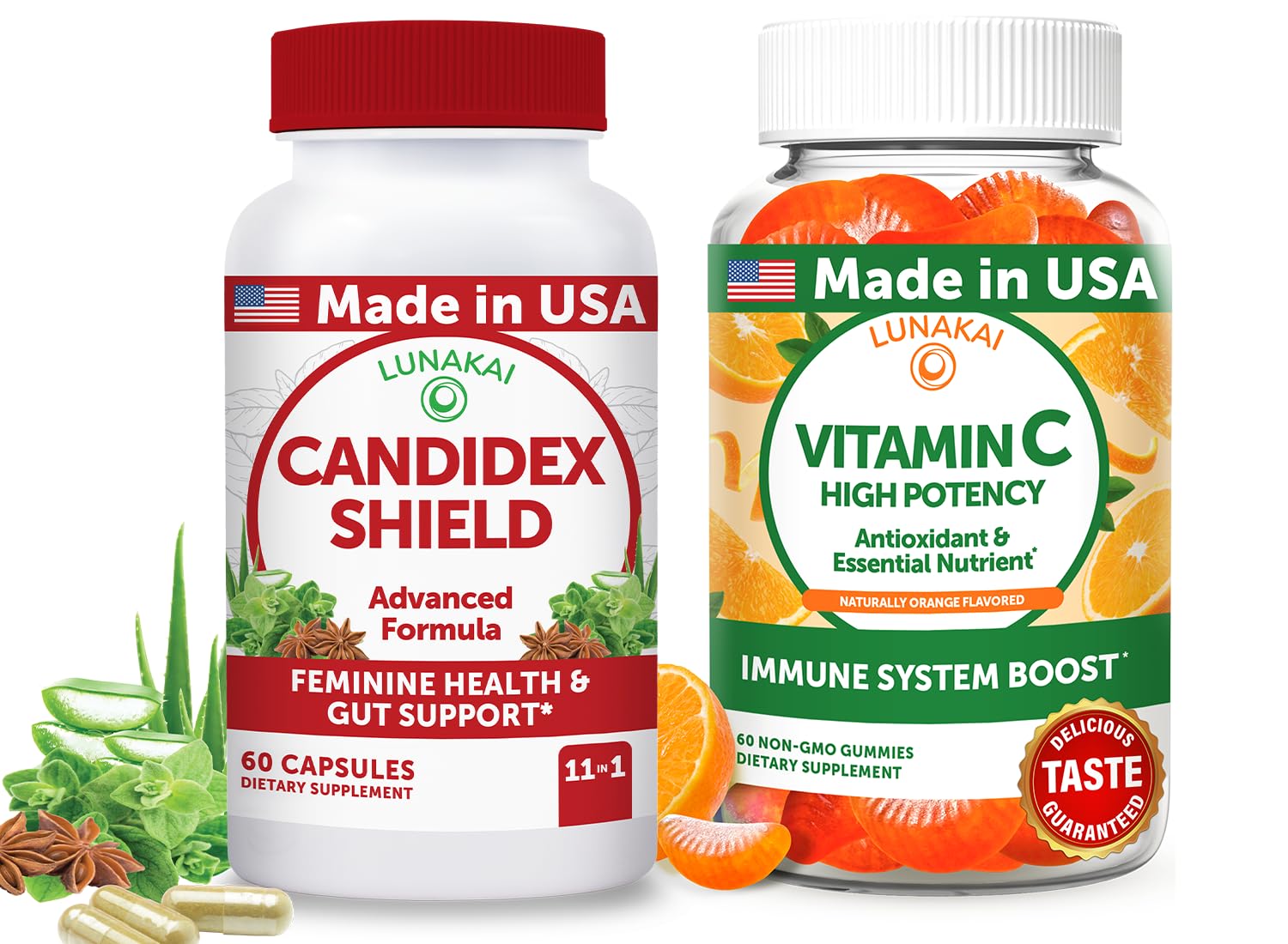 Lunakai USA Made Candida & Vitamin C Gummies Bundle – Gut and Immune Support with Herbal Blend & High-Potency Vitamin C – 60 Ct Each