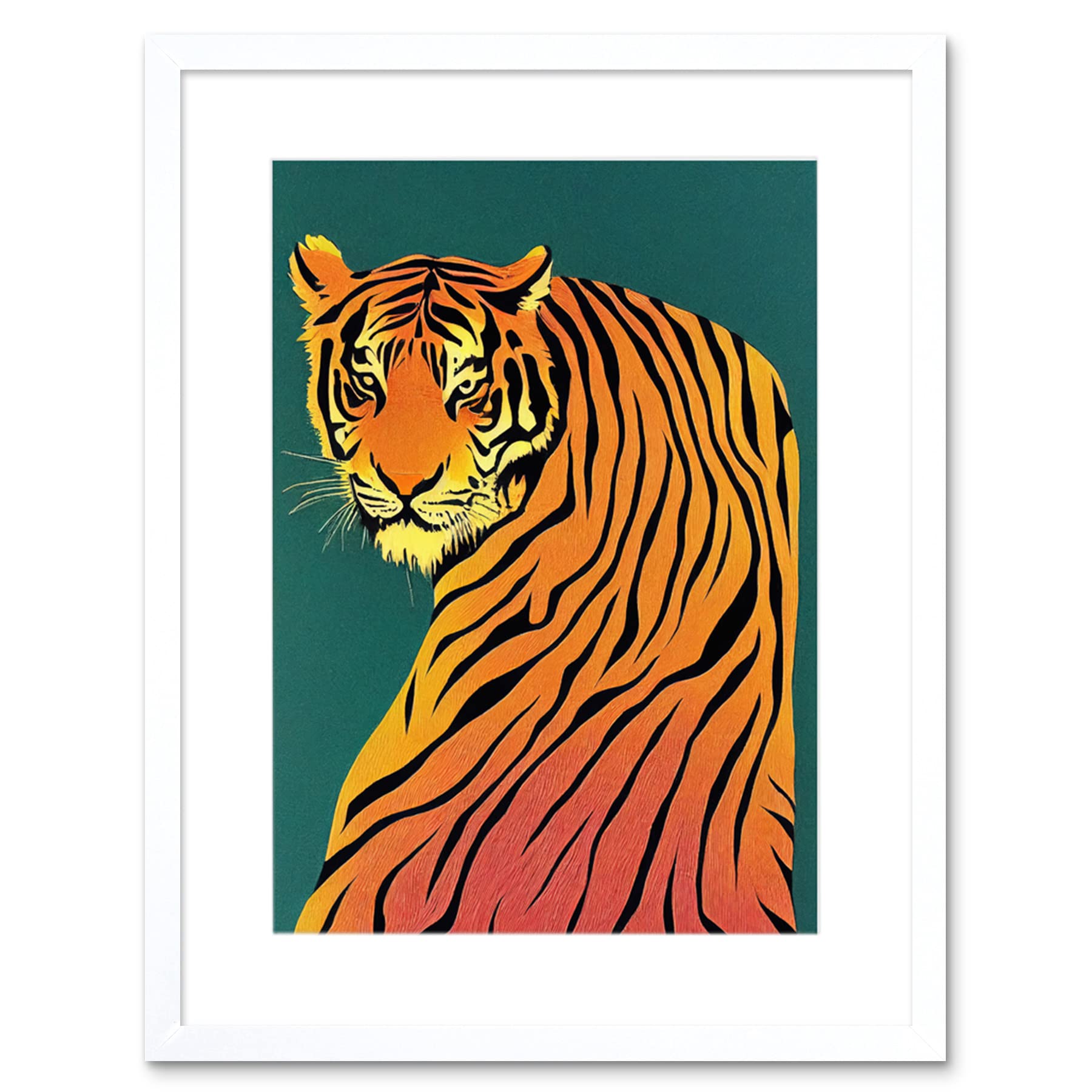 Wee Blue Coo Modern Tiger Portrait on Teal Orange Bold Artwork Framed Wall Art Print 9X7 Inch
