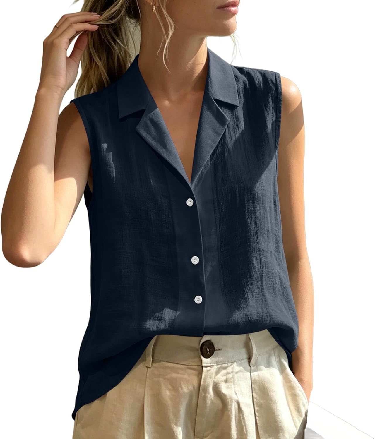 Womens Button Down Shirt Summer Sleeveless Cotton Linen | Womens Summer Button Down Shirt Sleeveless Cotton Linen Blouses Button Up Tops Business Casual Outfits