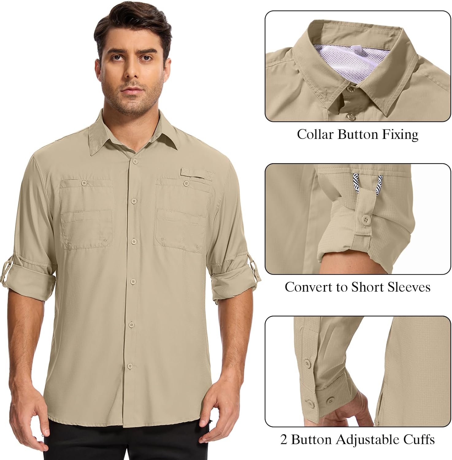 Mens Safari Shirt Long Sleeve UPF 50+ Sun Protection Fishing Shirts Men，Convertible Cuffs Hiking Shirts for Men - Image 4