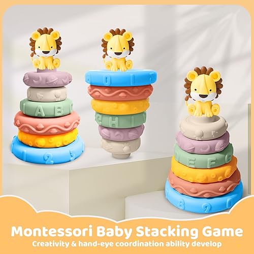 Miniatura 5 de Anillo apilable para bebés de 6 a 9 a 12 meses de edad, juguete apilable de dentición sensorial Montessori para recién nacidos, para niños y niñas,