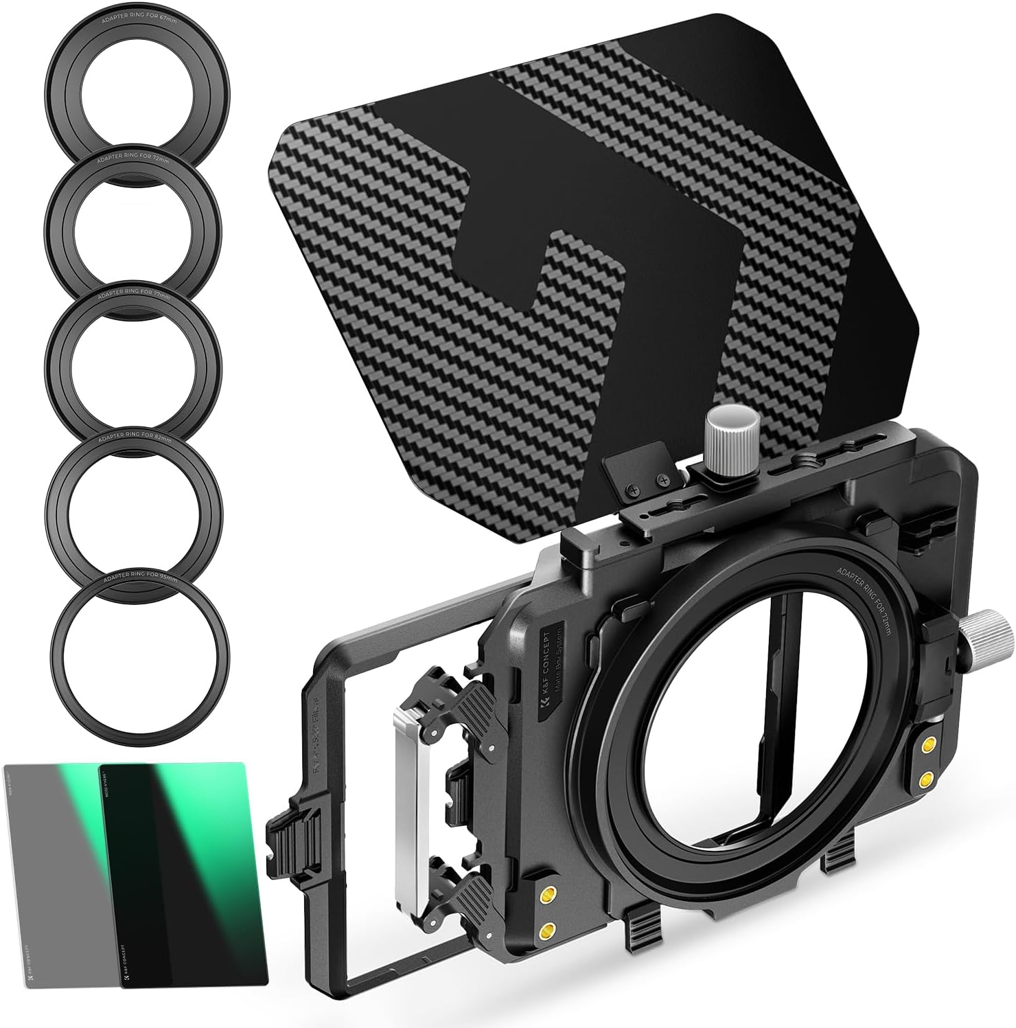 K&F CONCEPT Mini Matte Box +ND4+ND32 Filters Kit, DSLR Matte Box with Carbon Fiber Top Flag Square Filters Trays with 67/72/77/82/95mm Adapter Rings, for 4x5.65 Square UV ND Effect Filter