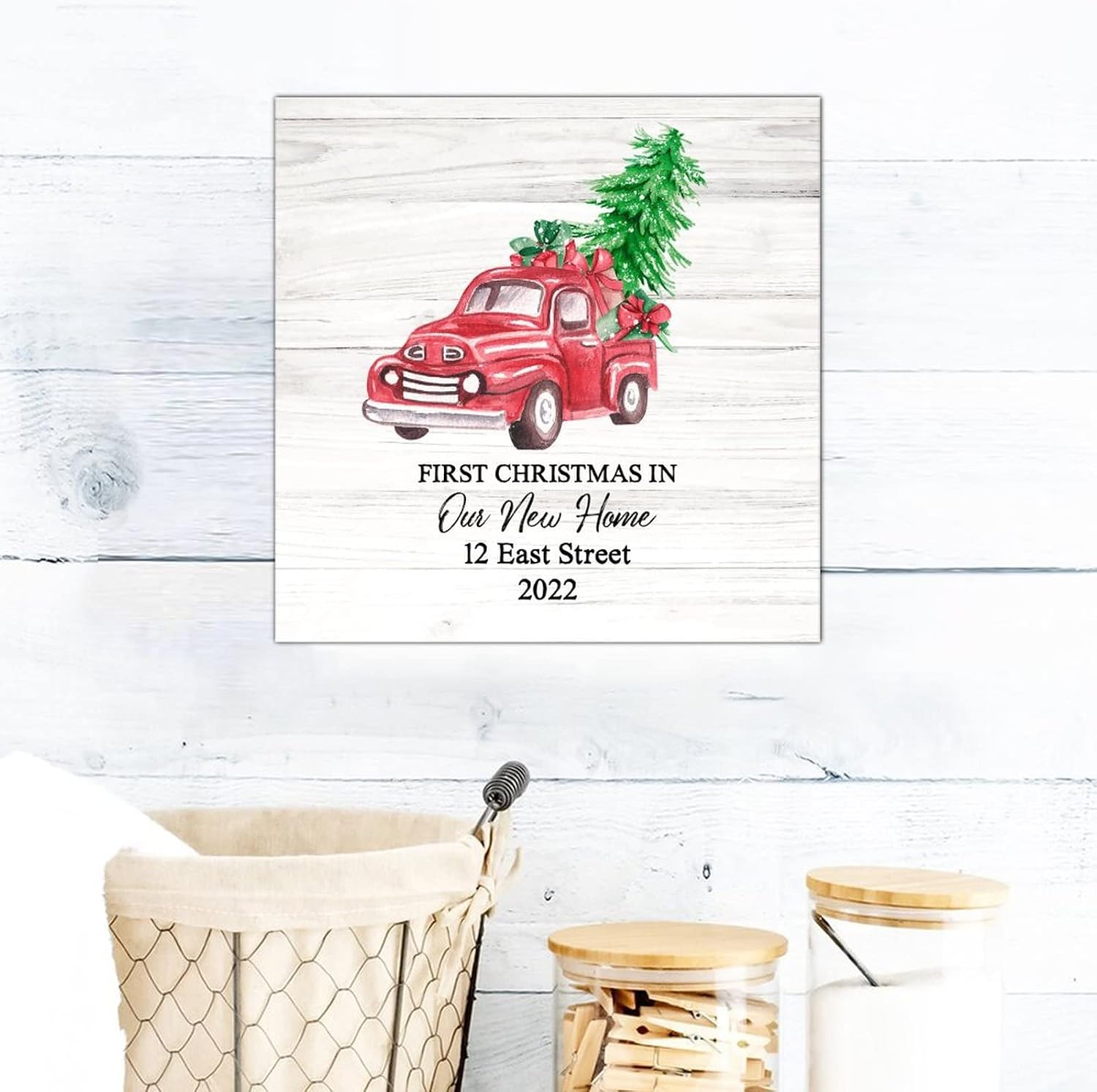 First Christmas in Our New Home Wooden Sign Red Truck Tree Custom Address Name Wood Panels Vintage Christmas Is Coming Wall Art Decorative For Laundry Room Bathroom Bedroom Home 16x16in