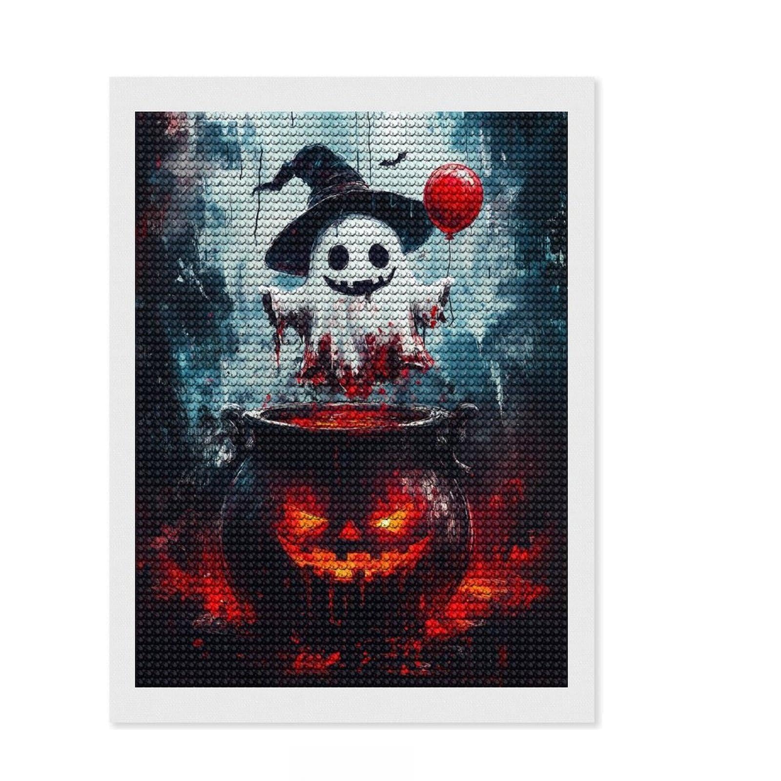 Junmoney Halloween Ghost with Cauldron Diamond Art Canvas 12"x16", Neat Printed Canvas, Mindful Craft Activity, Cosy Home Accent, Festive Craft Gift