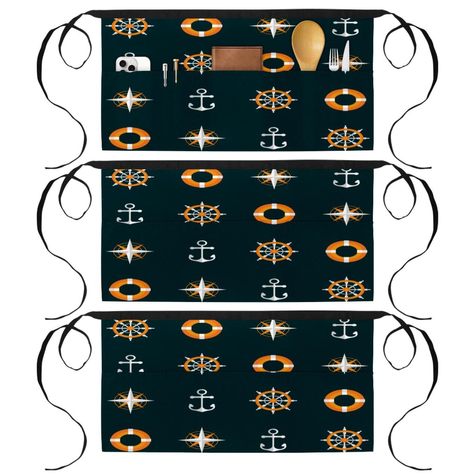 Lot de 3 demi-tabliers de chef noirs à motif ancre marine pour cuisine et bistrot - 8