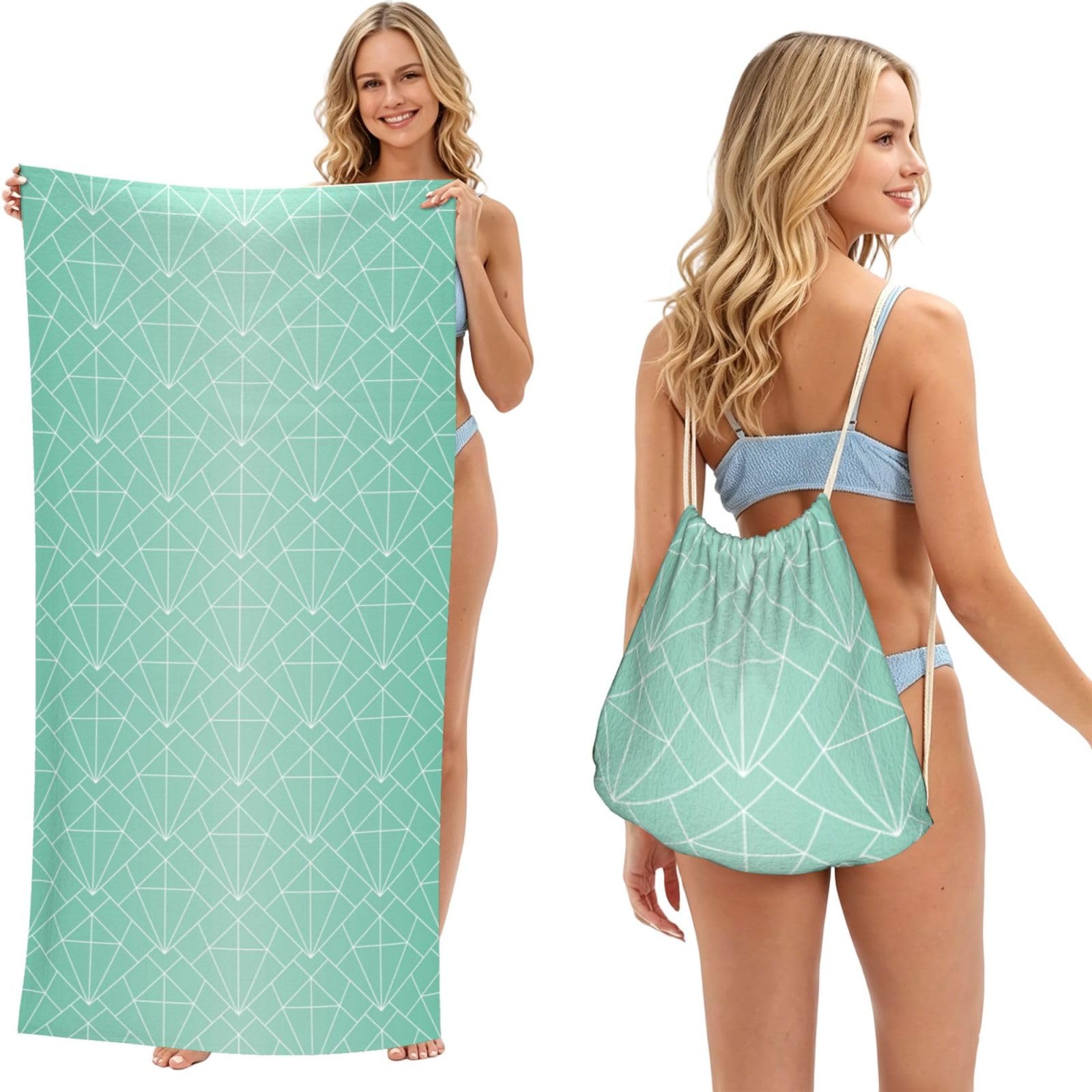Poadnly As Picture Art Deco Seamless Pattern, 2 In 1 Packable Towel Bag, Beach Towels With Drawstring Backpack For Travel Holiday Camping