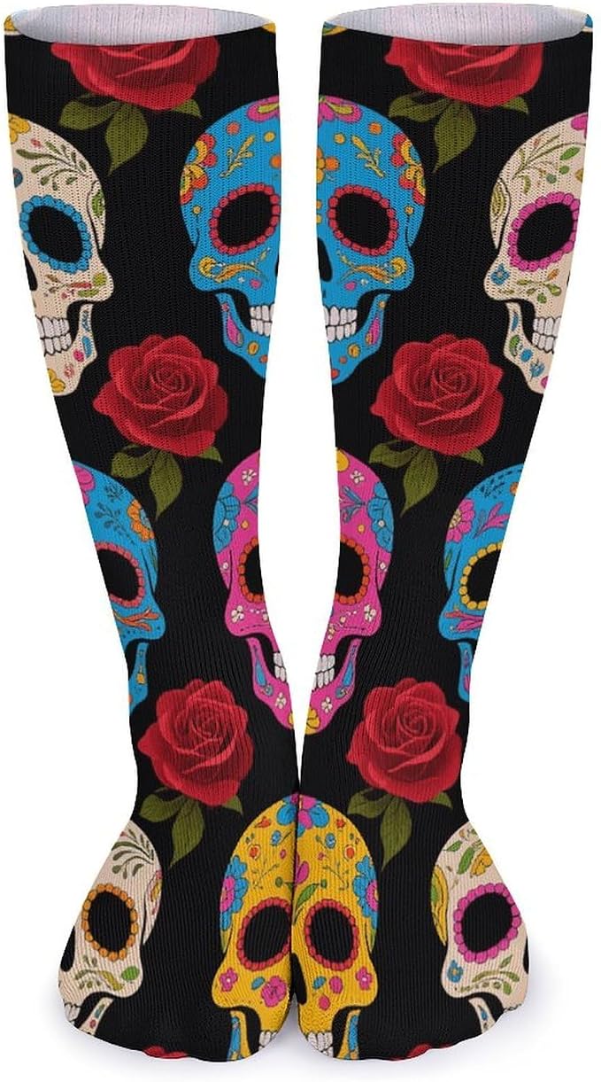Sugar Skulls Over The Calf Socks for Women, 15.7 Inch Breathable Boot Socks with Non-Slip Fit, Lightweight Compression Socks for Office, Home, Gifts