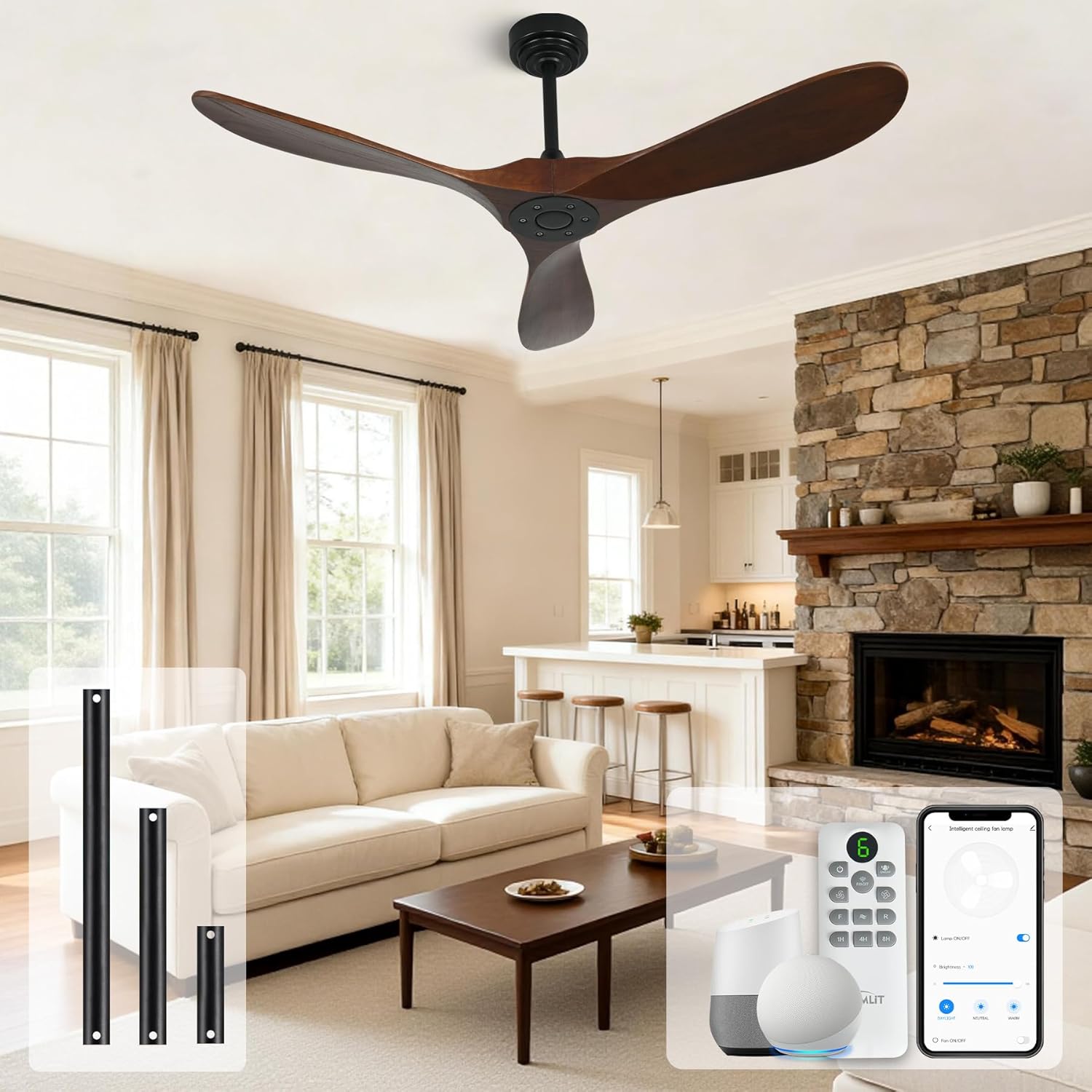 Smart Ceiling Fan no Light, 52 Inch Outdoor Ceiling Fan Without Light, Compatible with Alexa/Google/App, 3 Solid Wood Blades, Modern Wood Fan for Patio, Bedroom, Living Room,Dark Walnut