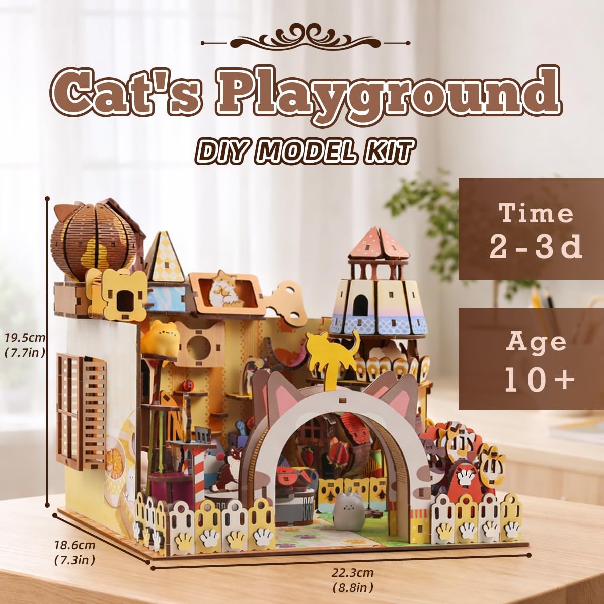 Cat’s Playground Booknook Kit, DIY 3D Wooden Puzzle Miniature Dollhouse, Cat's Theme Bookshelf Decor, Tiny House Model Building Set for Adults & Teens