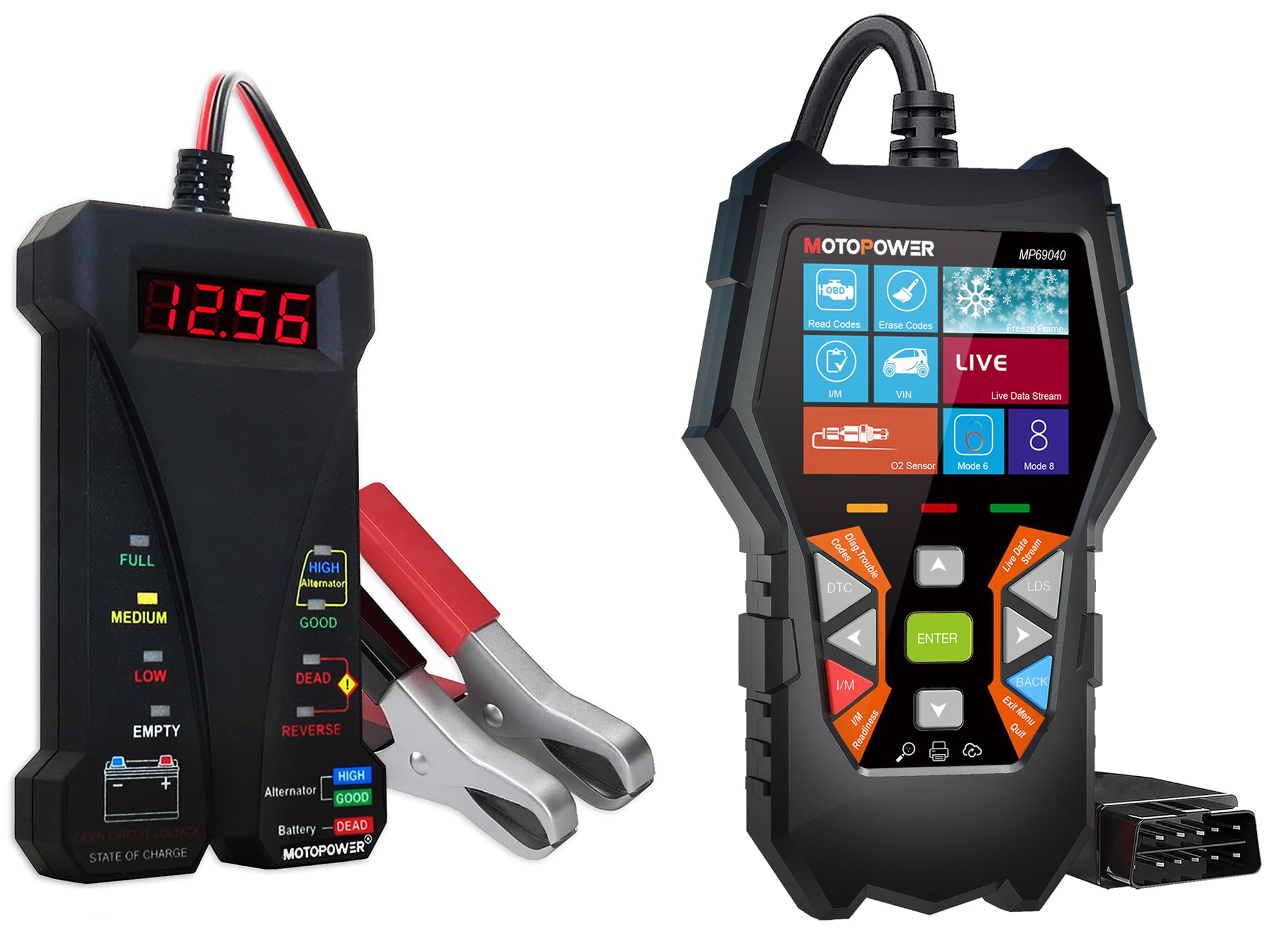 MOTOPOWER MP0515A Battery Tester showing alternator and charging system test results