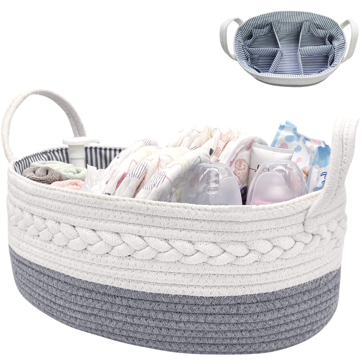 NXY Cute Baby Diaper Caddy Organizer, Large Basket, 16.5 x 11 x 6.5 Inch, Light Gray And White, 100% Nature Cotton Rope Nursery Storage Bin/Caddy, Top Newborn Registry Gift.