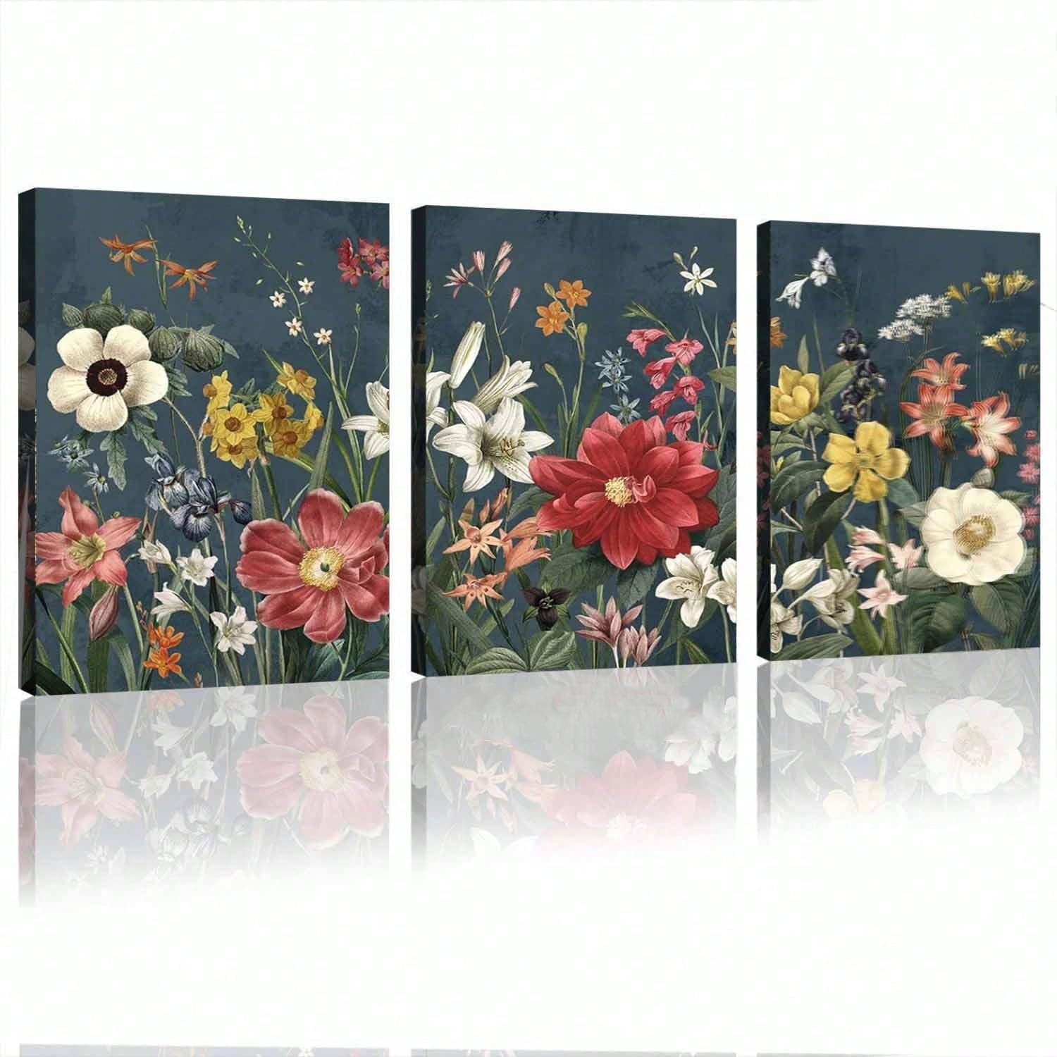 3 lienzos decorativos de pared con temática floral retro y colorida, ideales para sala de estar o cocina (50x70cm x 3/Sin marco).