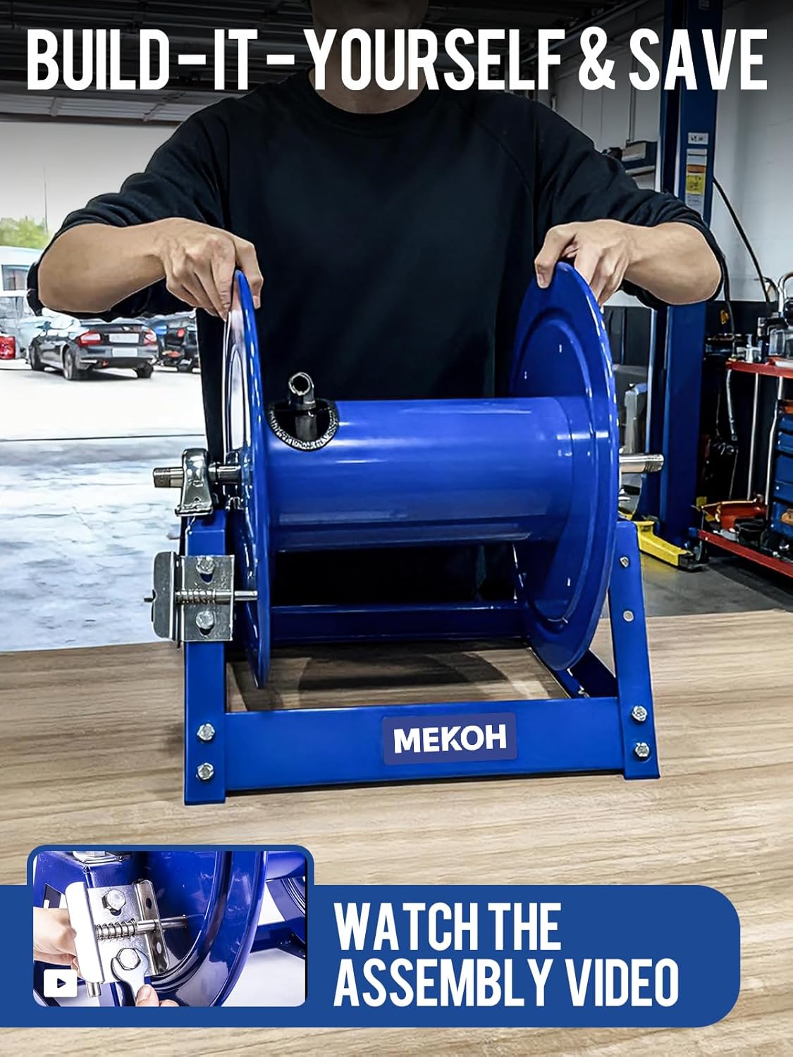 MEKOH Pressure Washer Hose Reel 3/8"x350ft, Hand Crank Power Washer Hose Reel 1/4"x455ft, 5000PSI, Heavy Duty Steel Hose Reel with Trailer/Wall Mount, A-Frame Manual Reel for Water - Requires Assembly