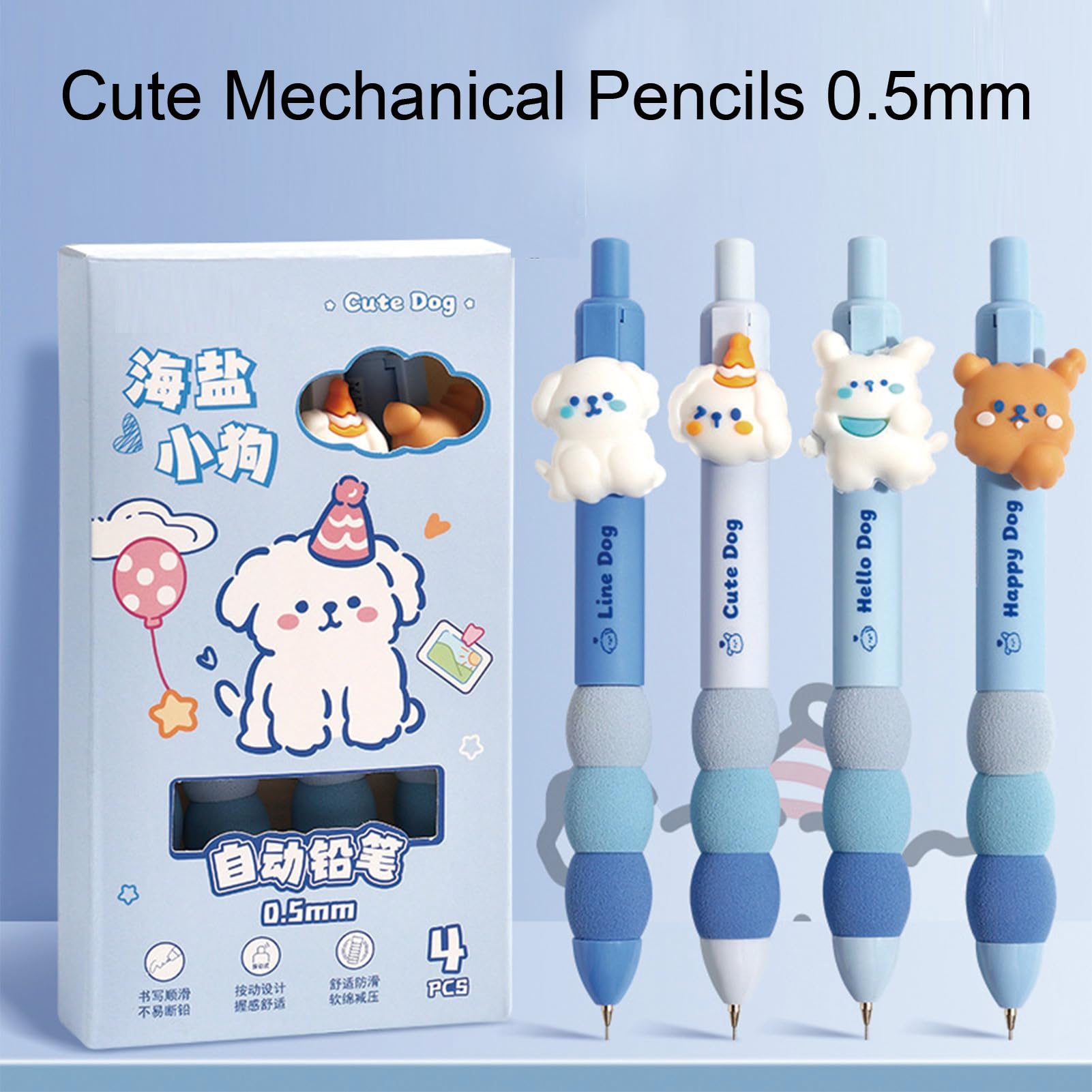 Lot de 4 porte-mines mignons de 0,5 mm en forme de chiot - Fournitures scolaires - Pour le bureau et l'école - Pour femme, fille, homme, garçon - Motif chiot
