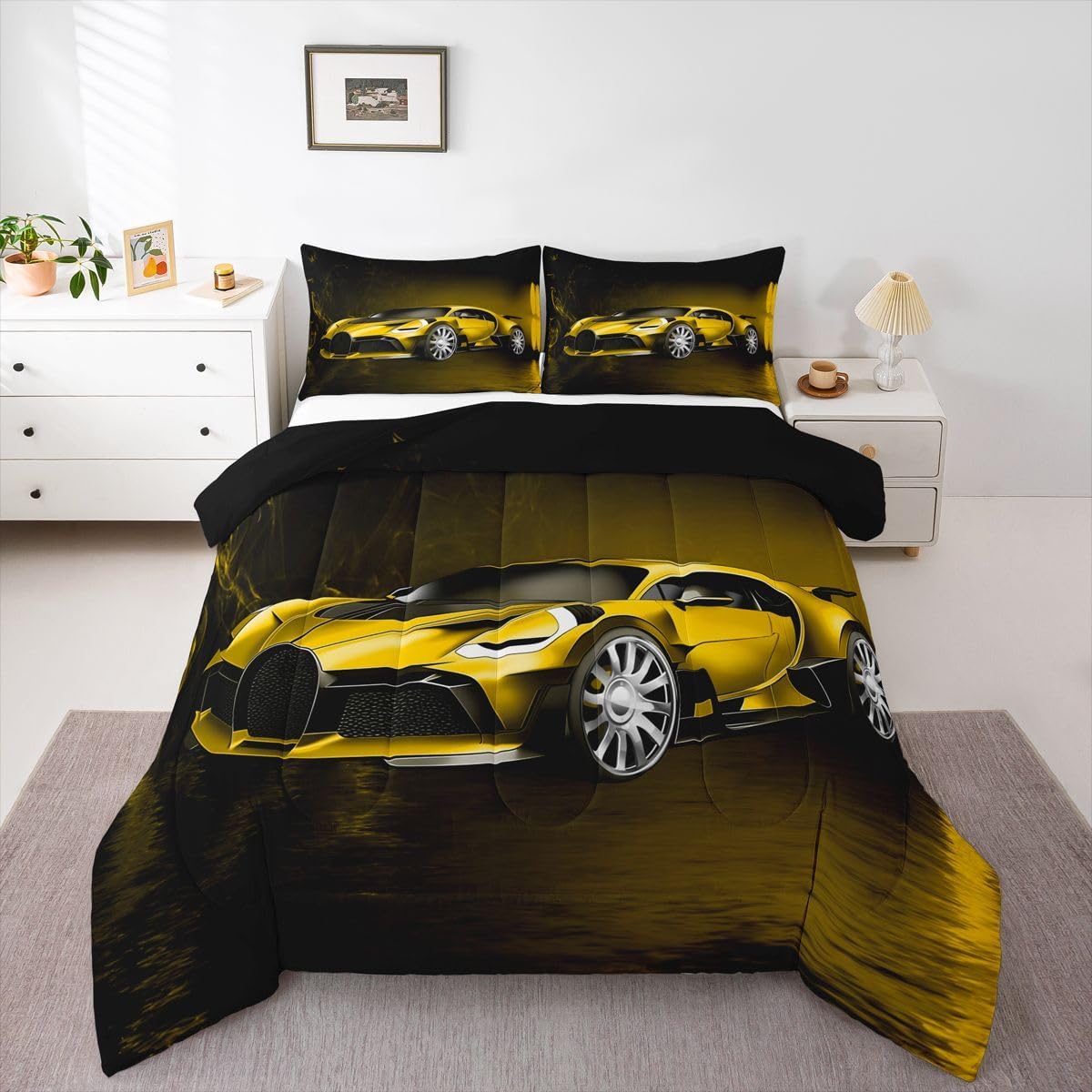 Feelyou Sports Car Comforter Yellow Race Car Comforter Set for Kids Boys Girls Extreme Sports Theme Bedding Set Cool Speed Luxury Car Decor Quilt Set with 1 Pillowcase 2Pcs Bedding Toddler Size