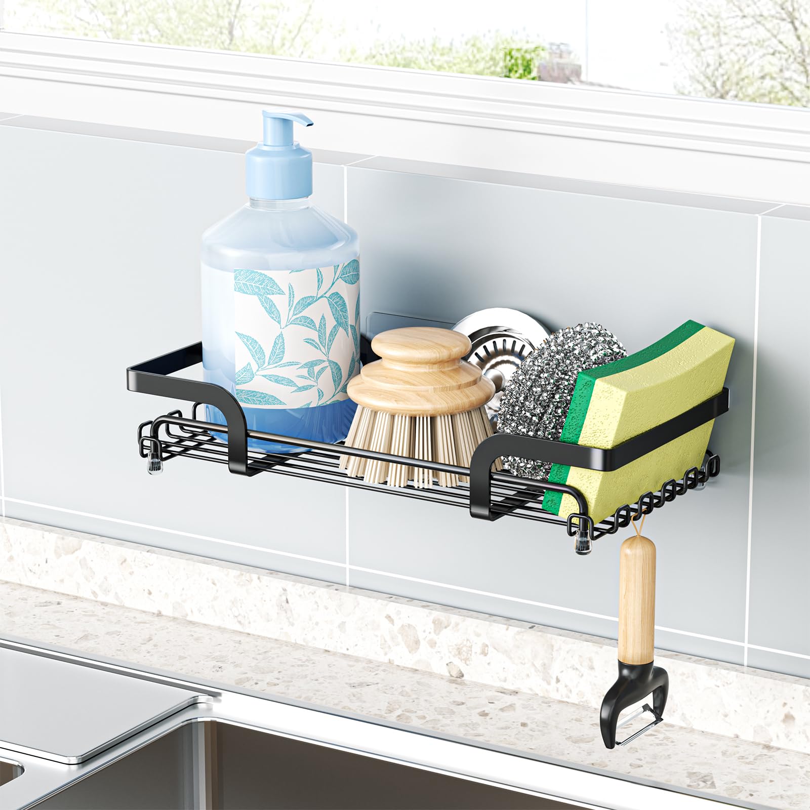 Spülbecken Organizer Wand, Schwammhalter Spülbecken Korb, Kleine Metall Arbeitsplatte Spülbecken Organizer für Aufbewahrung Spülmittel Schwämmen Bürste, Drill-Free Shower Caddy mit Haken, Schwarz