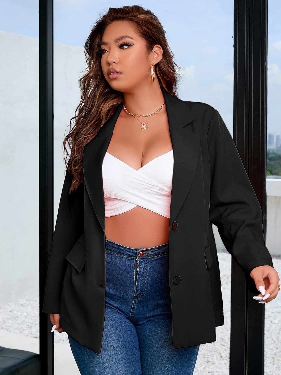 WDIRARA Women's Plus Size Elegant Single Breasted Lapel Collar Solid Casual Work Blazer - Image 3