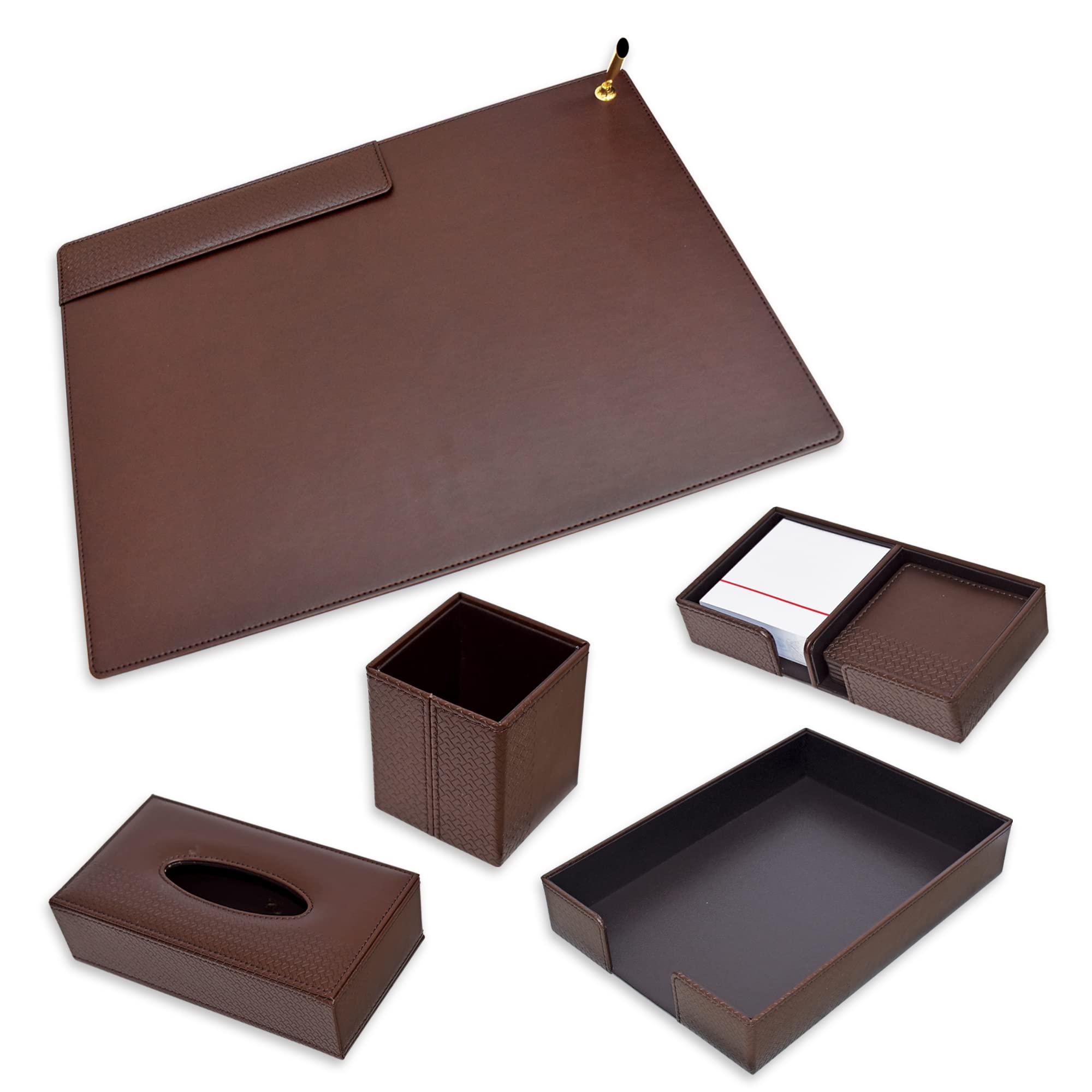 FIS FSDS221DBR Desk Set in Gift Box 5-Pieces, Dark Brown