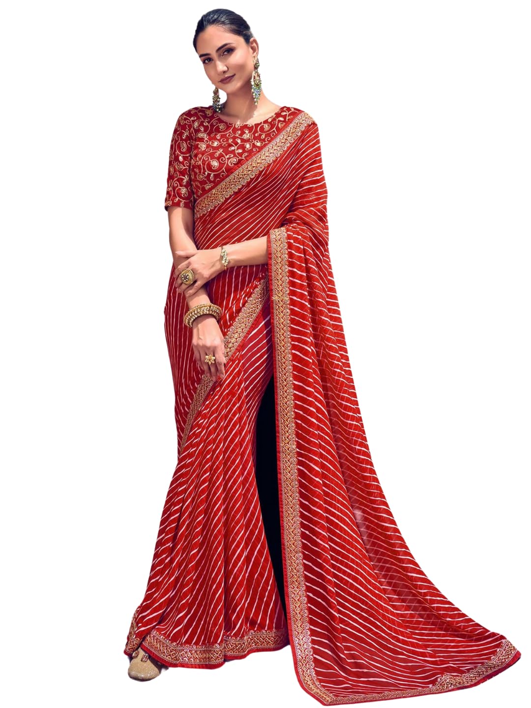 shiv textiles Women's Georgette Leheriya & Lace Border Saree-picture-23