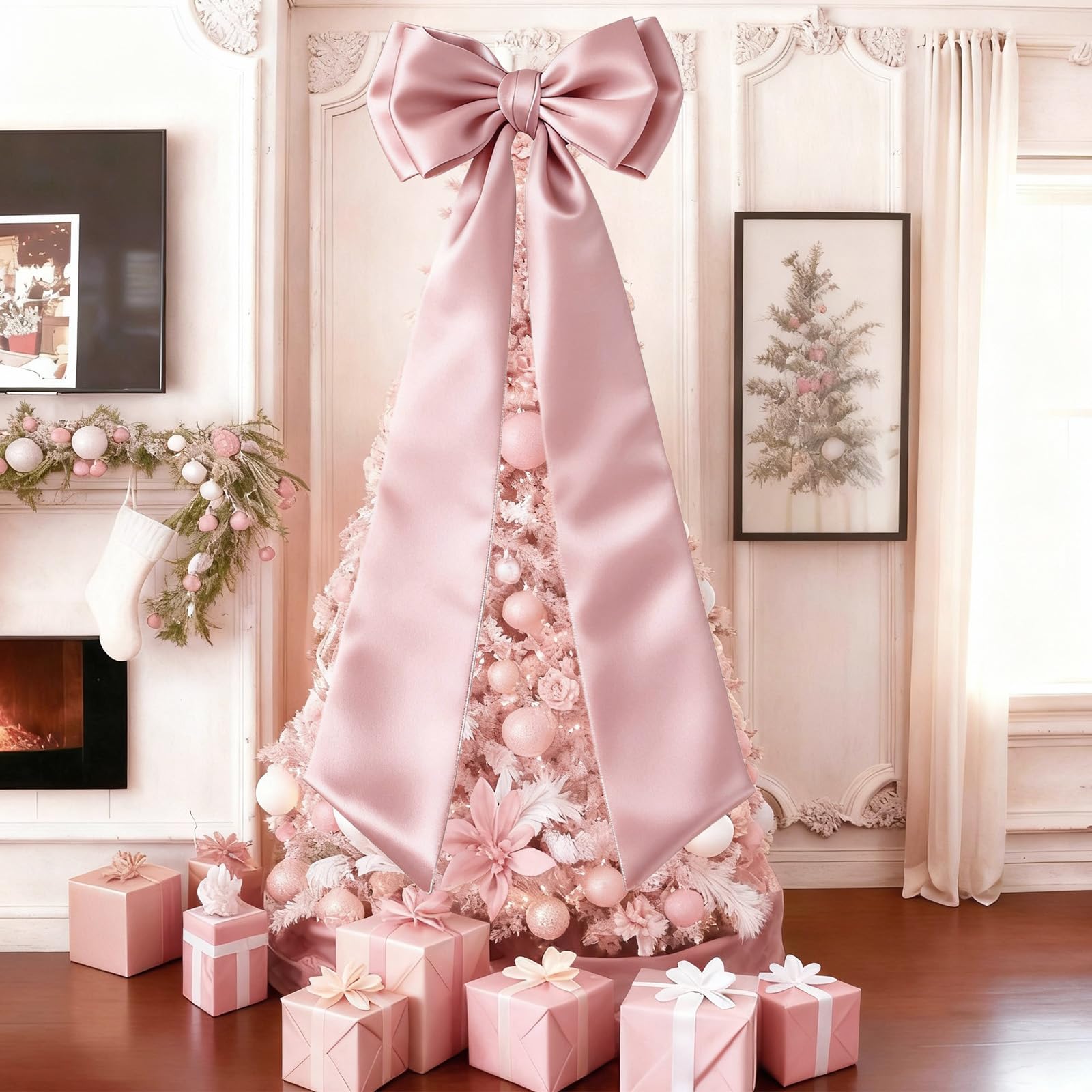 Froova 75x19Inch Big Pink Bow Decor Christmas Tree Topper - bows and ribbons | Mubboo