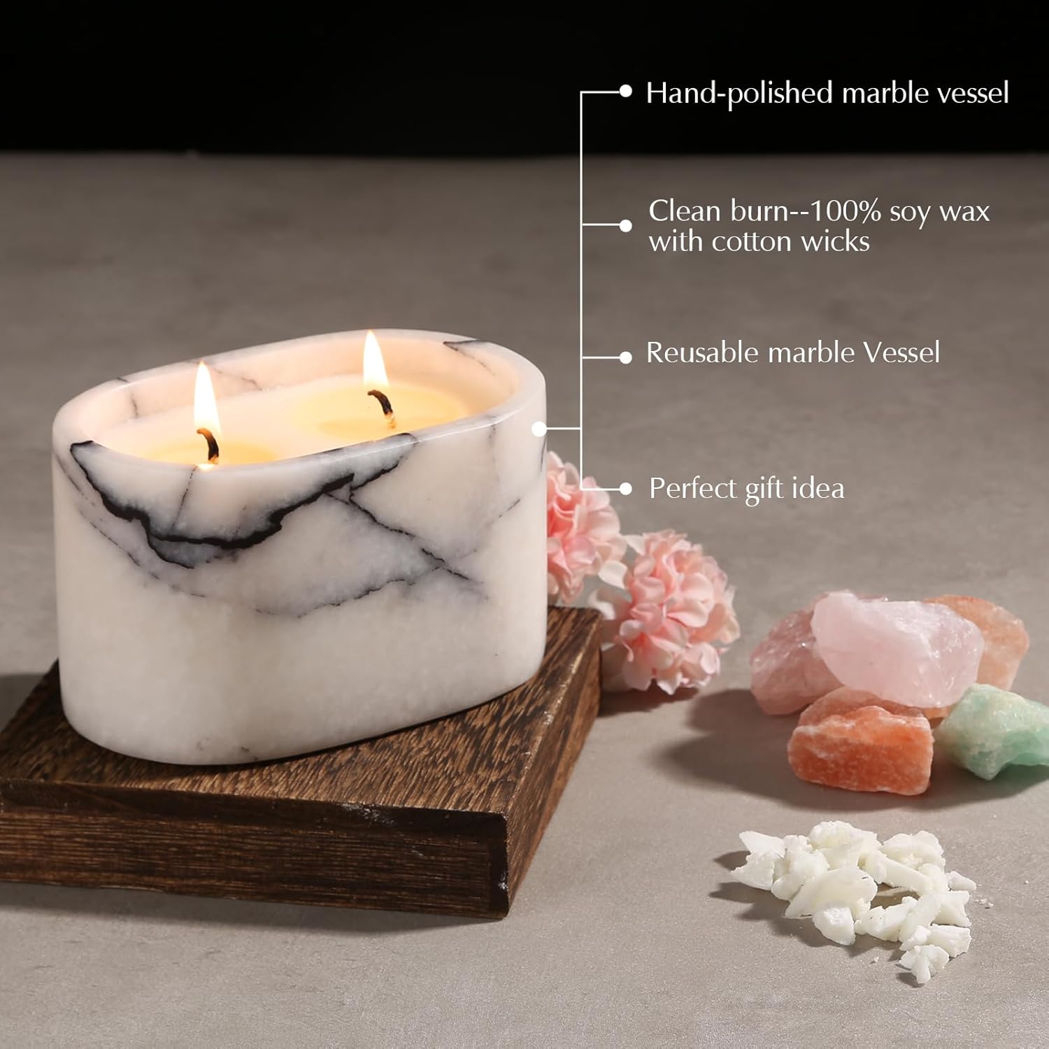 Marble Candle Holder| Handcrafted Bathtub-Shaped Container | Warm Glow Home Decor |Soy Wax | Large Candle | Non Toxic, 2 Wicks | Reusable Keepsake Jar | Unique Gift