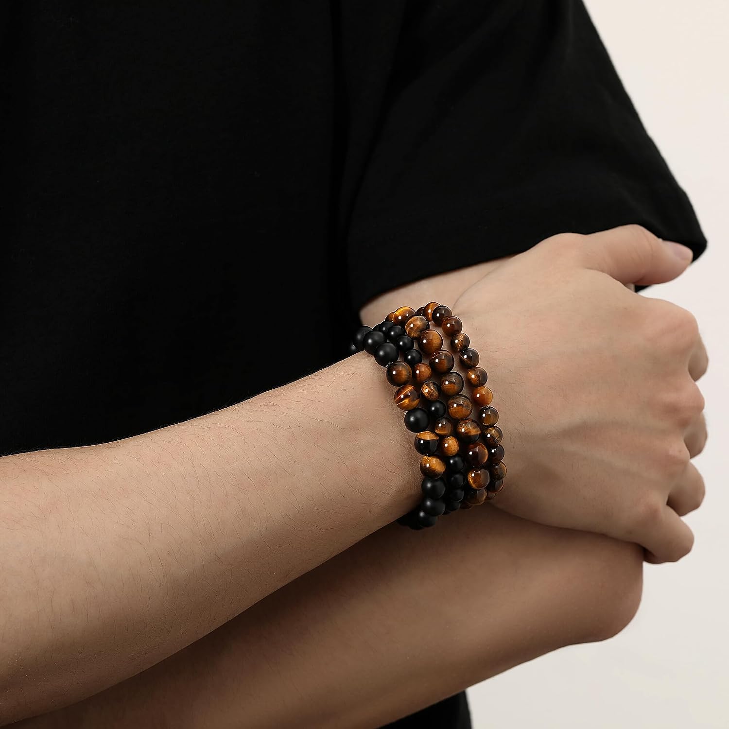 Mens Beaded Bracelets, 8MM Beaded Bracelets for Men, Natural Tiger Eye Bead Bracelet, Stretch Elastic Beads Bracelets for Men image 2