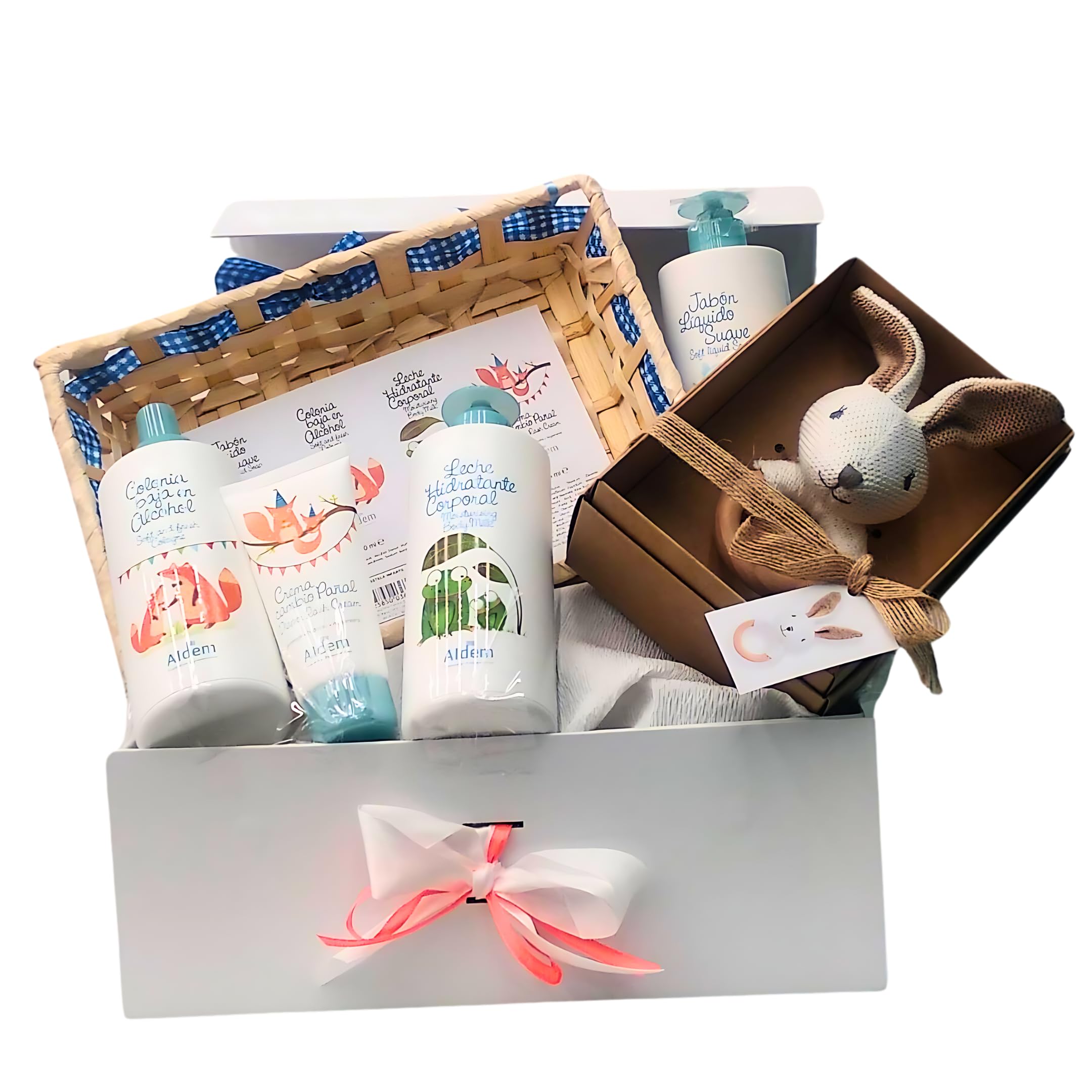 Cesta regalo bebé unixex, Canastilla de cuidados del bebé en los primero meses con 4 productos con muñeco