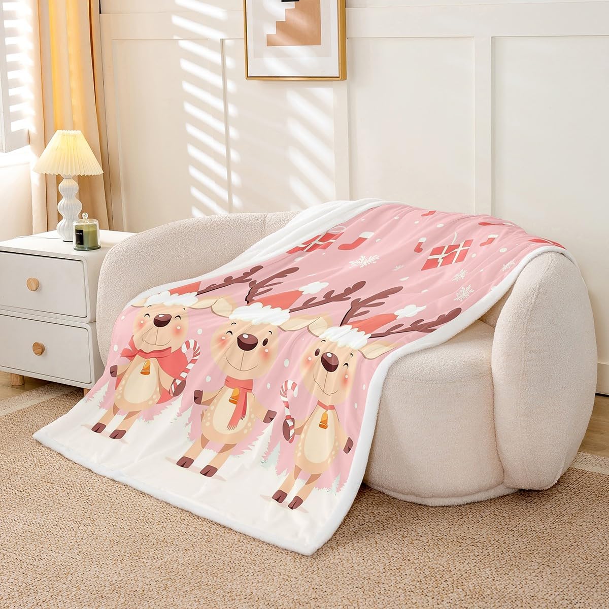 Castle Fairy Xmas Animals Pink Throw Blanket for Kids,Merry Christmas Fleece Throw Blanket for Bedroom Sofa Dorm Decor,Cartoon Deer Lightweight Bed Blanket,40 x 50 Inches image 3