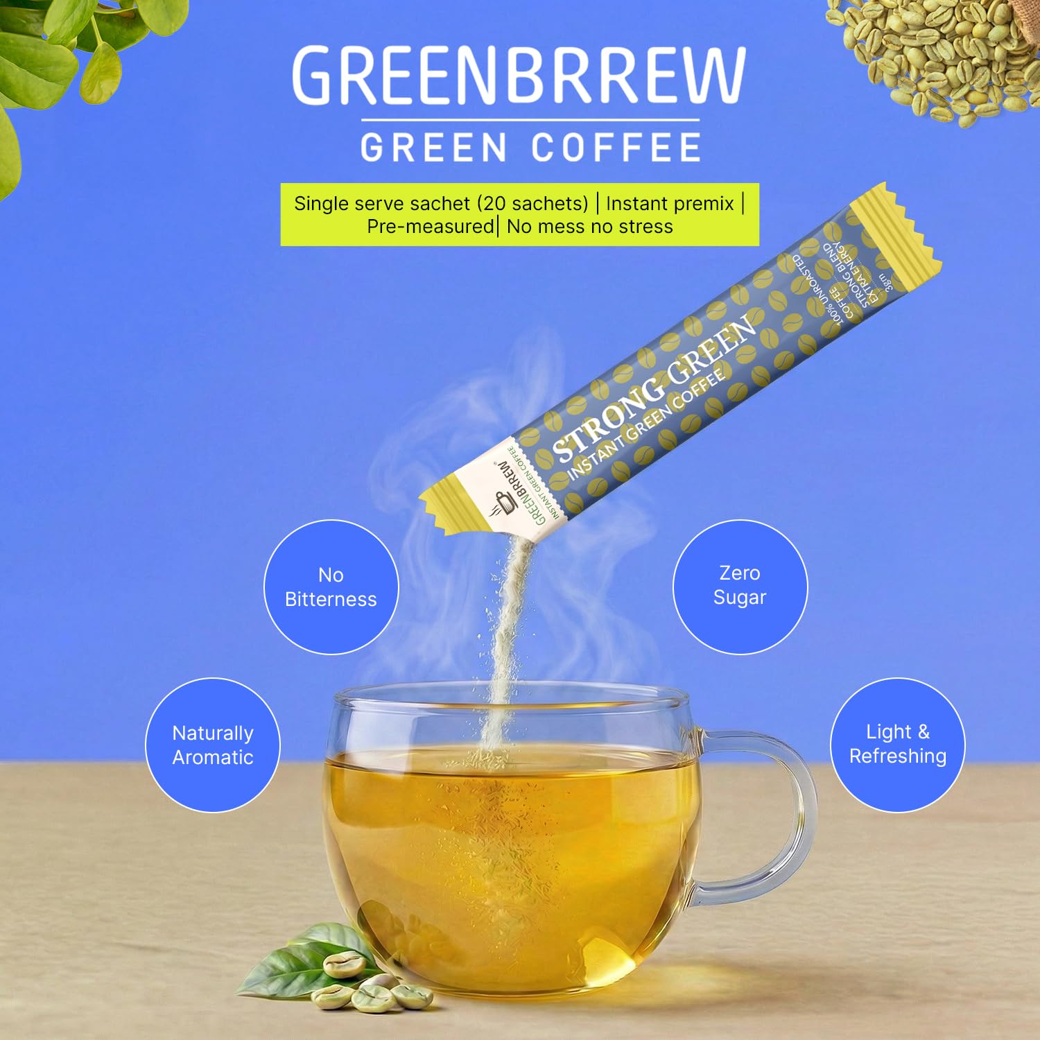 Greenbrrew Strong Instant Green Coffee - 100 Easy Mix Sachets, Pack of 5 (300g) 1