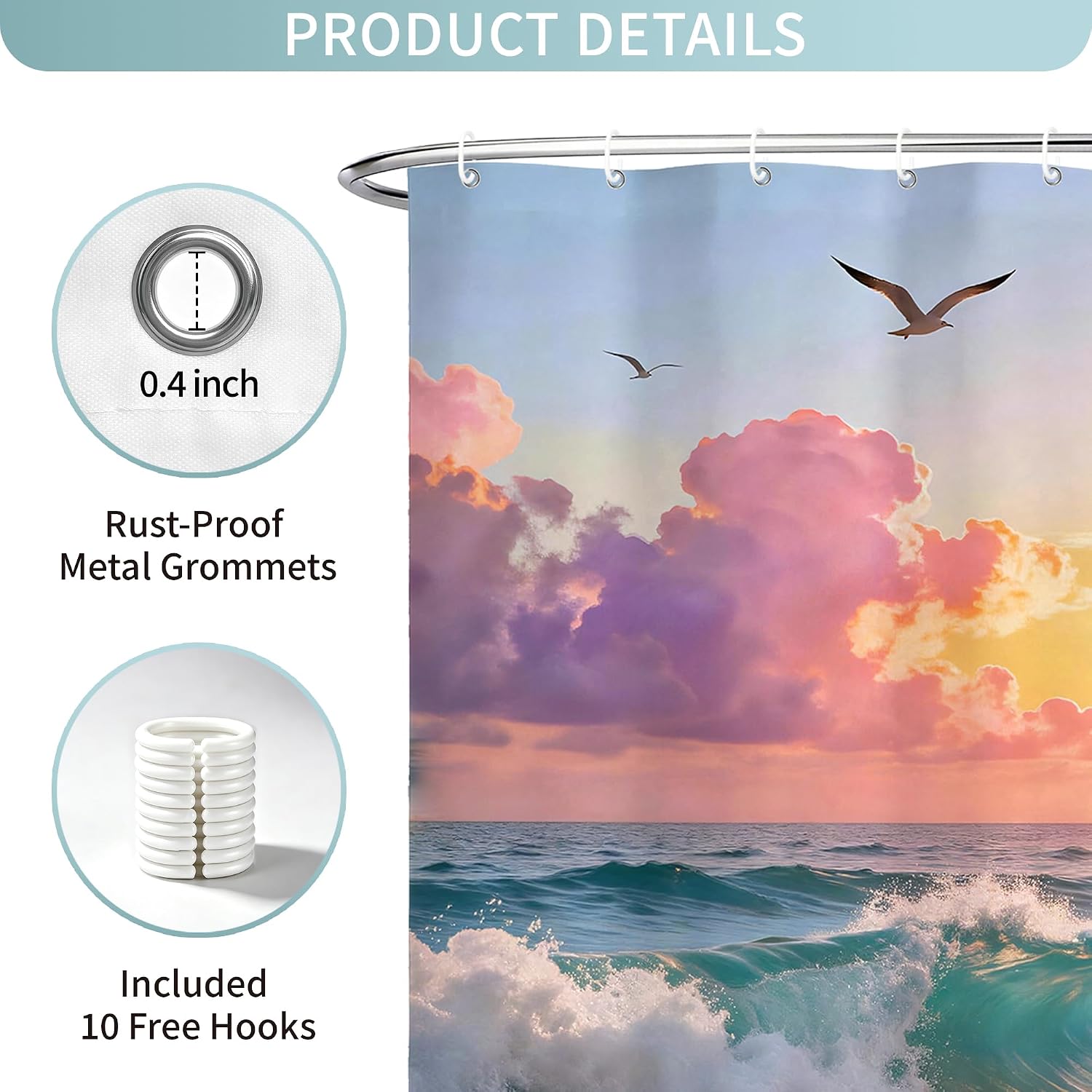 Summer Sunset Beach Curtain, Teal Blue Coastal Ocean Seascape with Seagull & Wave, Waterproof Polyester Fabric, 72x72 Inch Bathroom Decor, Shower Curtain Sets with Hooks