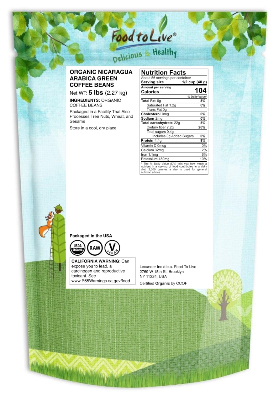 Food to Live Organic Nicaragua Arabica Green Coffee Beans, 5 Pounds – Whole, Unroasted, Washed Bean. Fresh Crop. No-GMO, Vegan, Bulk