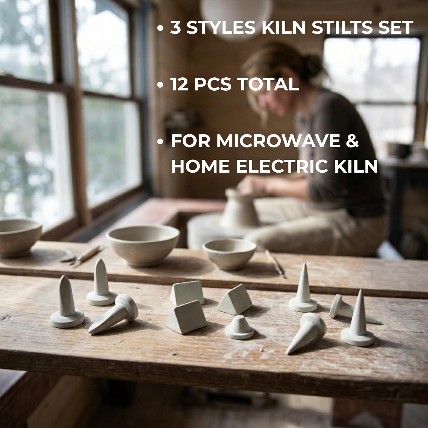 TSPREHFP 12Pcs Kiln Stilts Set, 3 Styles High Alumina Pottery Firing Supports, 2462°F Heat Resistant Ceramic Kiln Nails for Microwave Kiln, Home Electric Kiln & DIY Clay Crafts