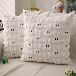 DFXSZ Easter Pillow Covers 18x18 inch Set of 2 Easter Decoration Cream White Rabbit Soft Plush Faux Fur Jacquard Throw Pillows for Bedroom Sofa Holiday Festivals Home Decor FHJ-07C18